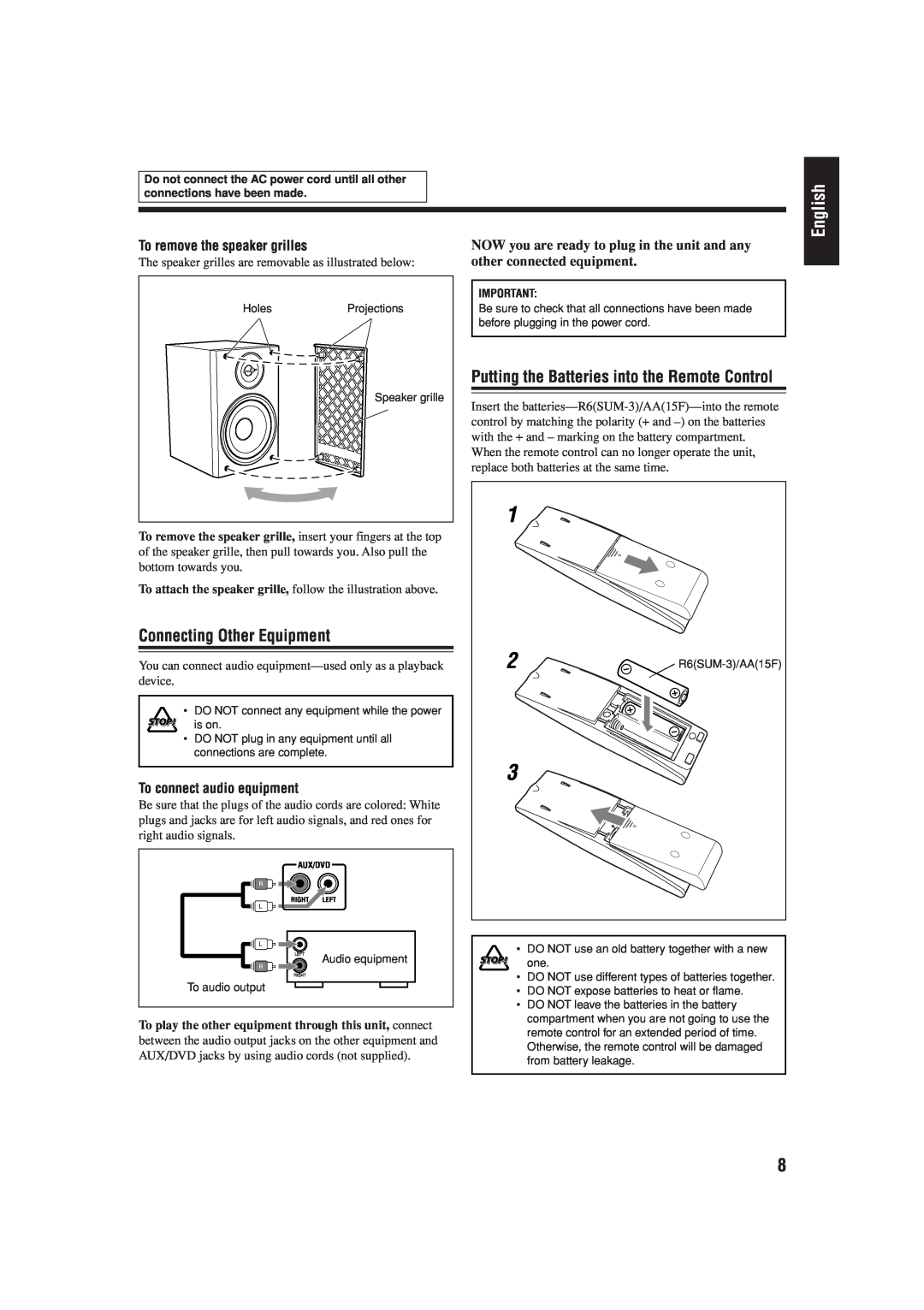JVC CA-FSS57, GVT0134-001B manual English, Connecting Other Equipment, Putting the Batteries into the Remote Control 
