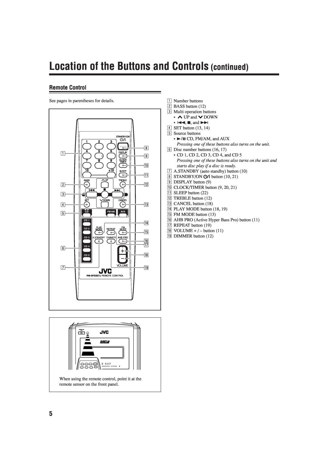 JVC GVT0134-001B, CA-FSS57 manual Location of the Buttons and Controls continued, Remote Control 