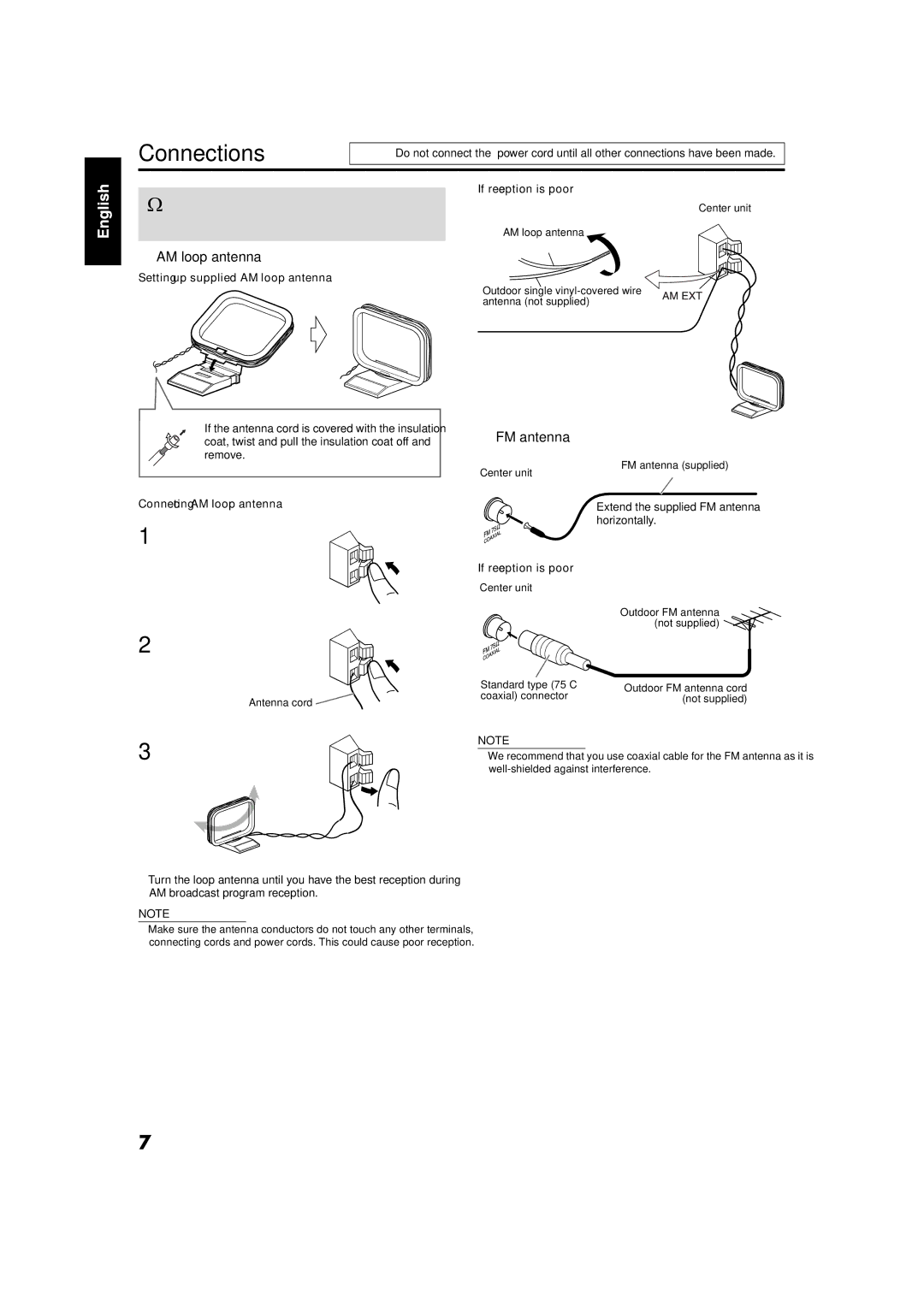 JVC GVT0141-003A manual Connections, Connecting the FM and AM antennas, AM loop antenna, FM antenna 