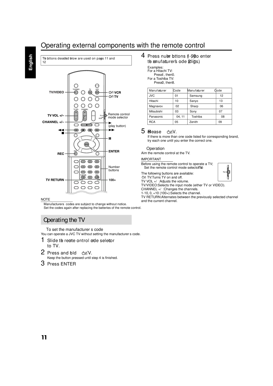 JVC GVT0141-003A manual Operating external components with the remote control, Operating the TV, Release TV, Operation 