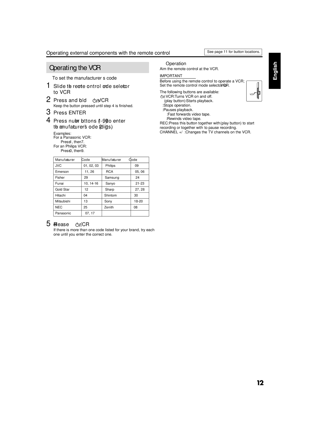 JVC GVT0141-003A manual Operating the VCR, Operating external components with the remote control, Release VCR 