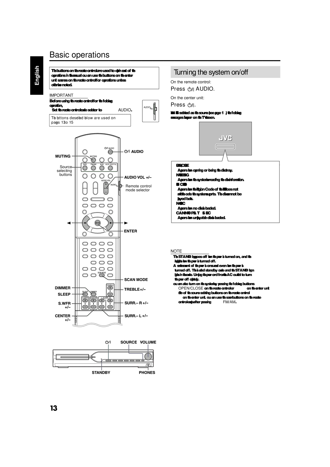 JVC GVT0141-003A manual Basic operations, Turning the system on/off, Press Audio 