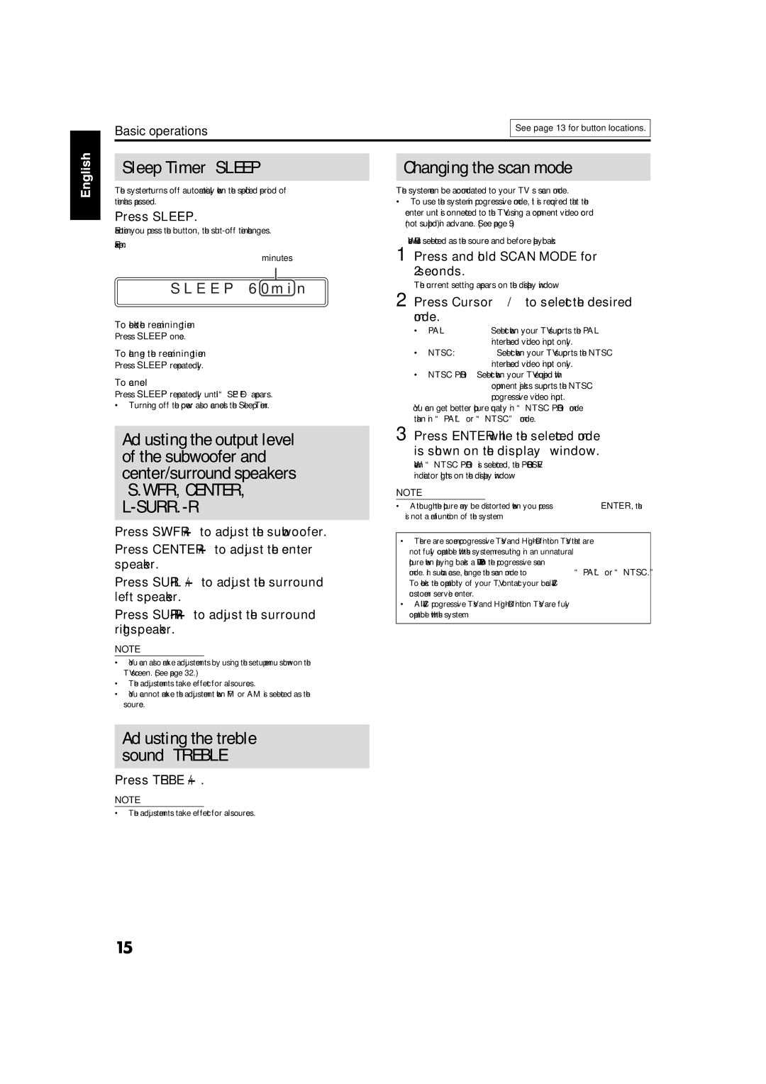 JVC GVT0141-003A manual Sleep Timer Sleep, Adjusting the treble sound Treble, Changing the scan mode 