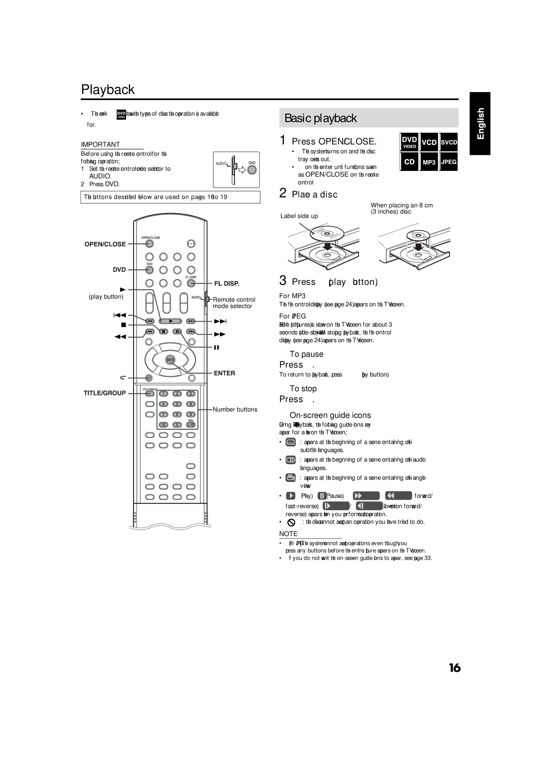 JVC GVT0141-003A manual Playback, Basic playback, Press OPEN/CLOSE, Place a disc, Press 3 play button 