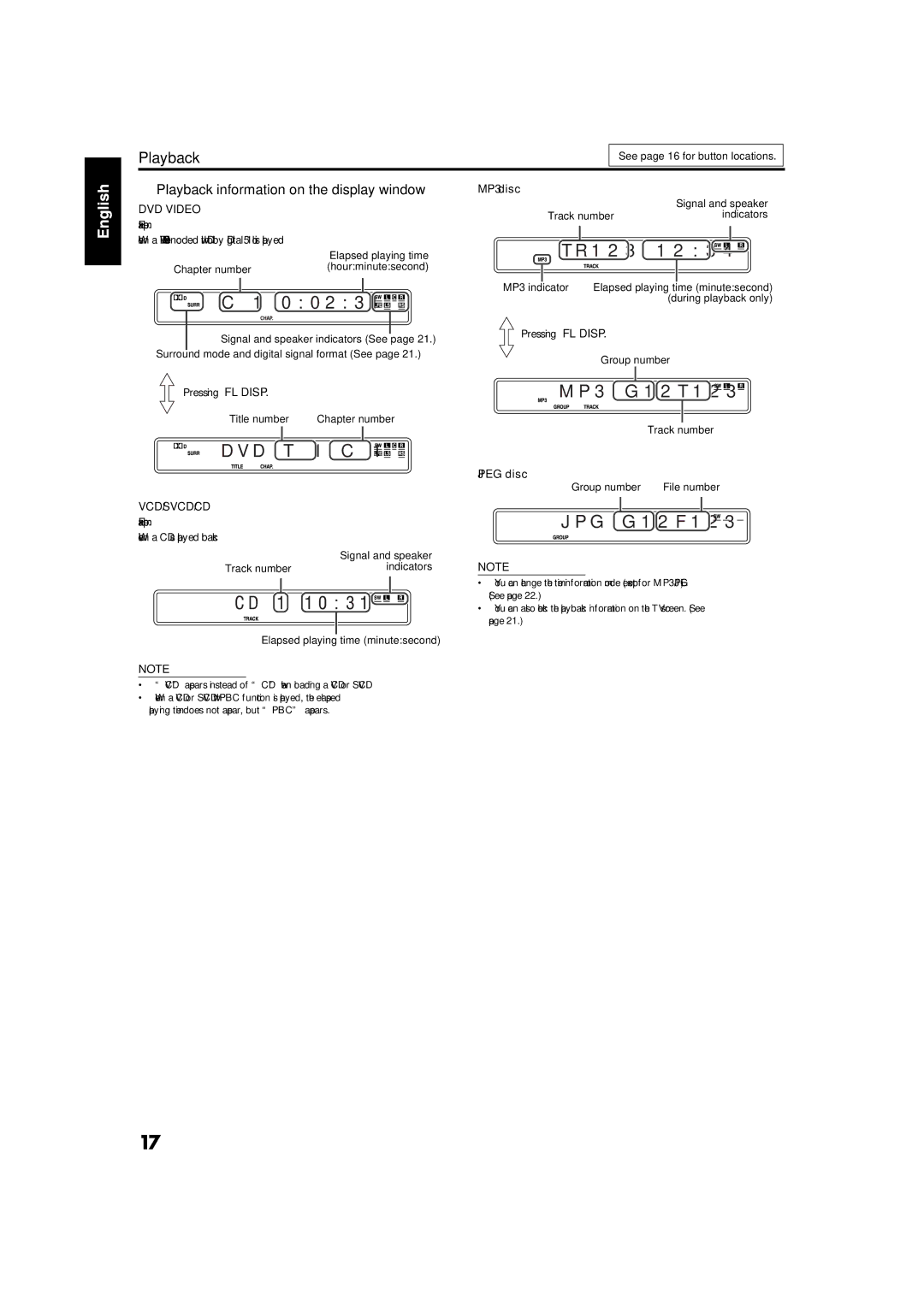 JVC GVT0141-003A manual Playback information on the display window, MP3 disc, Pressing FL Disp, Jpeg disc 