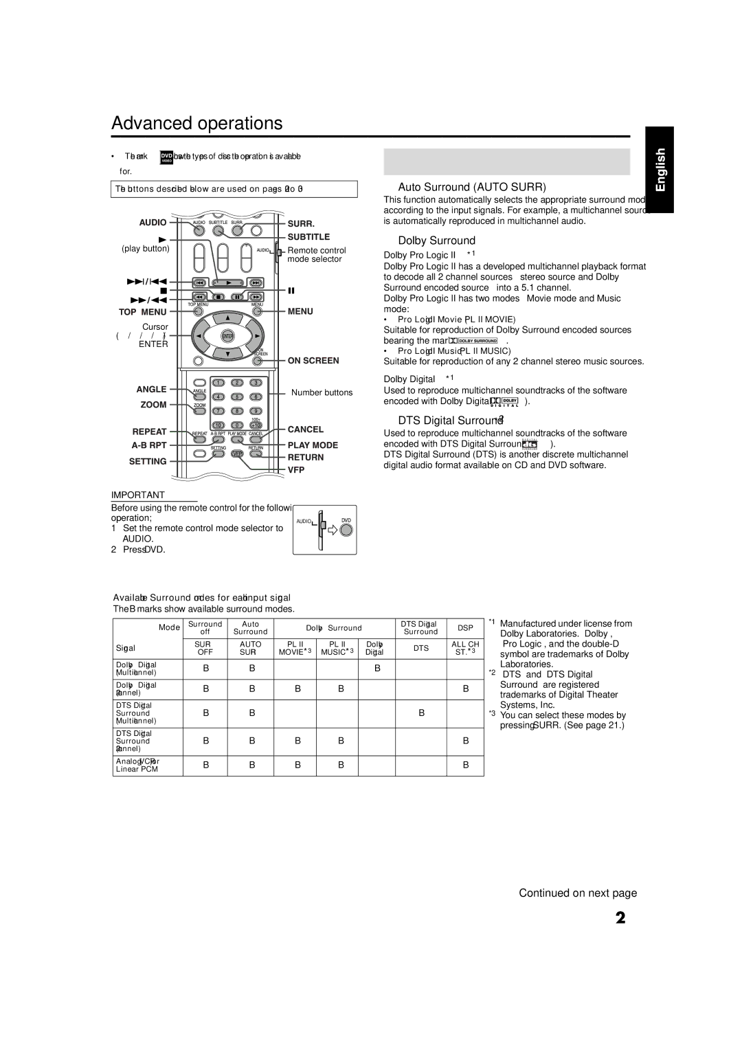 JVC GVT0141-003A manual Advanced operations, Using the surround mode, Auto Surround Auto Surr, Dolby Surround 