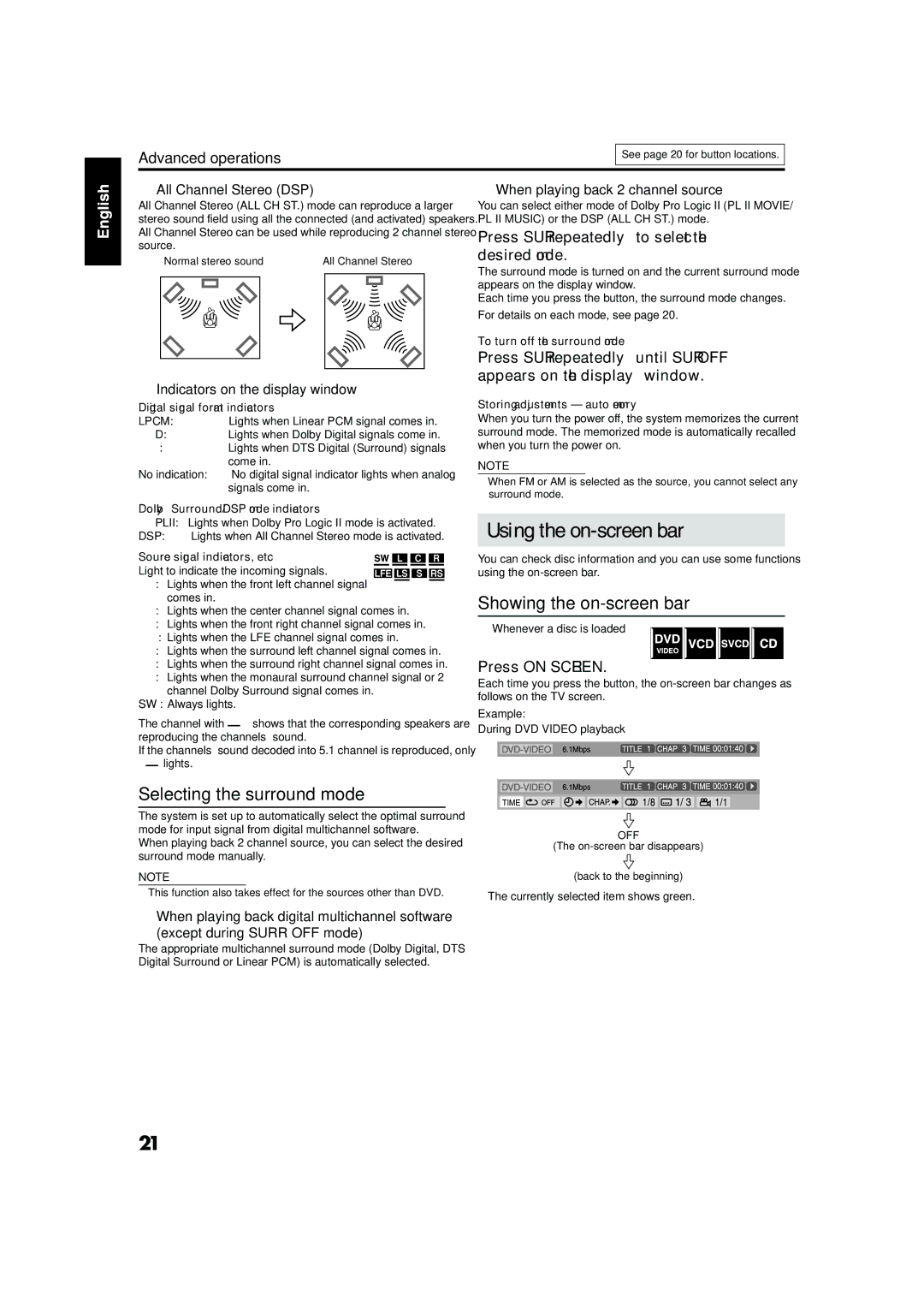 JVC GVT0141-003A manual Using the on-screen bar, Selecting the surround mode, Showing the on-screen bar, Press on Screen 