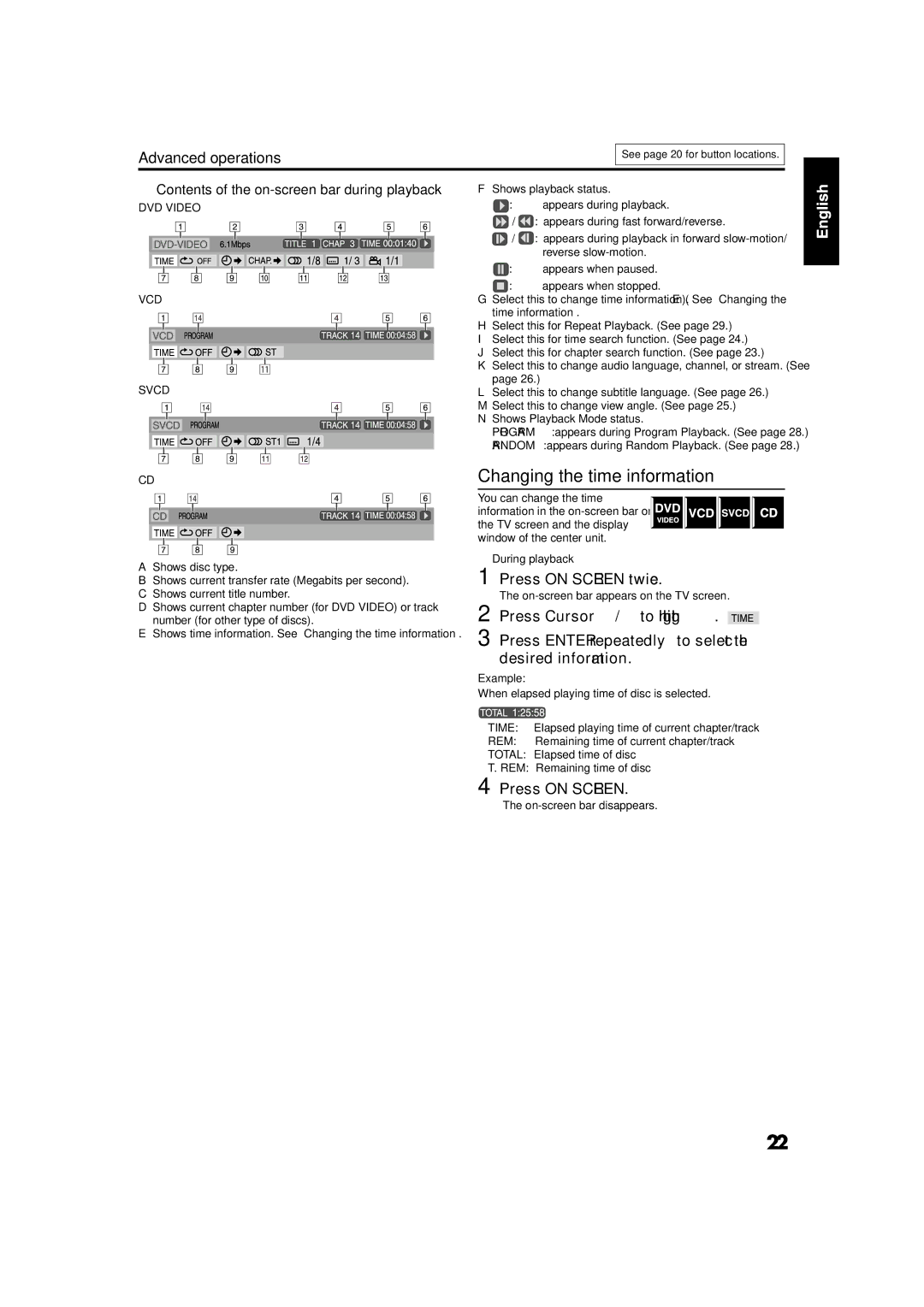 JVC GVT0141-003A manual Changing the time information, Press on Screen twice, Contents of the on-screen bar during playback 