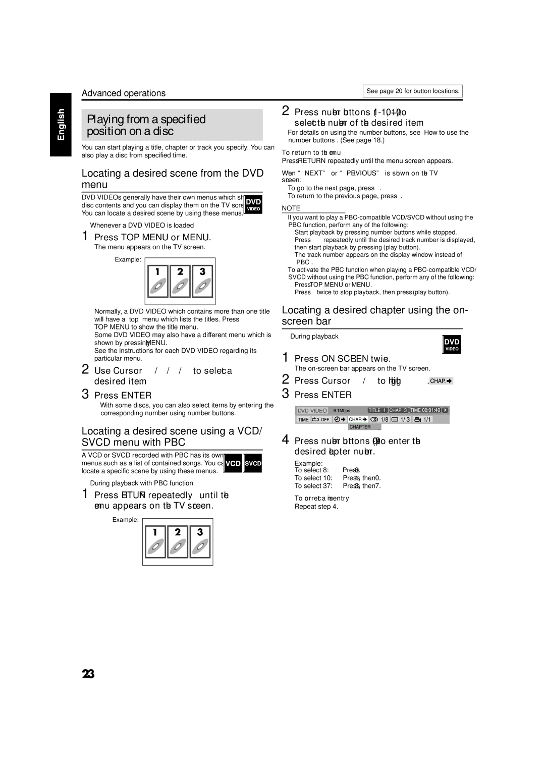 JVC GVT0141-003A manual Playing from a specified position on a disc, Locating a desired scene from the DVD menu 