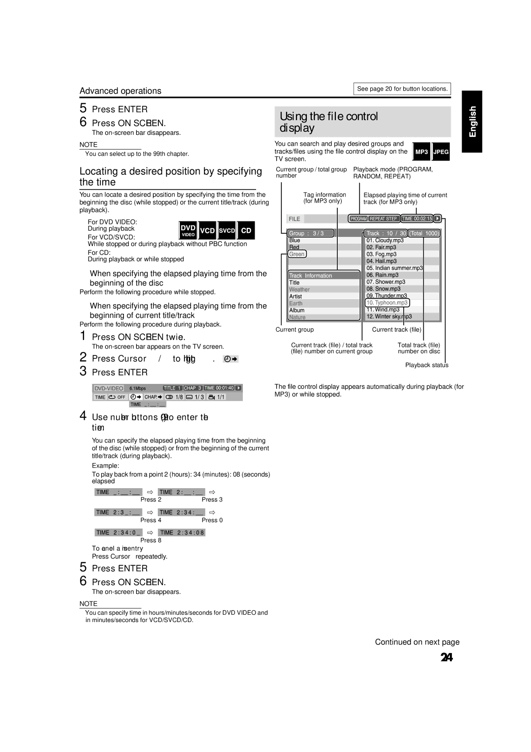 JVC GVT0141-003A Using the file control display, Locating a desired position by specifying the time, Beginning of the disc 