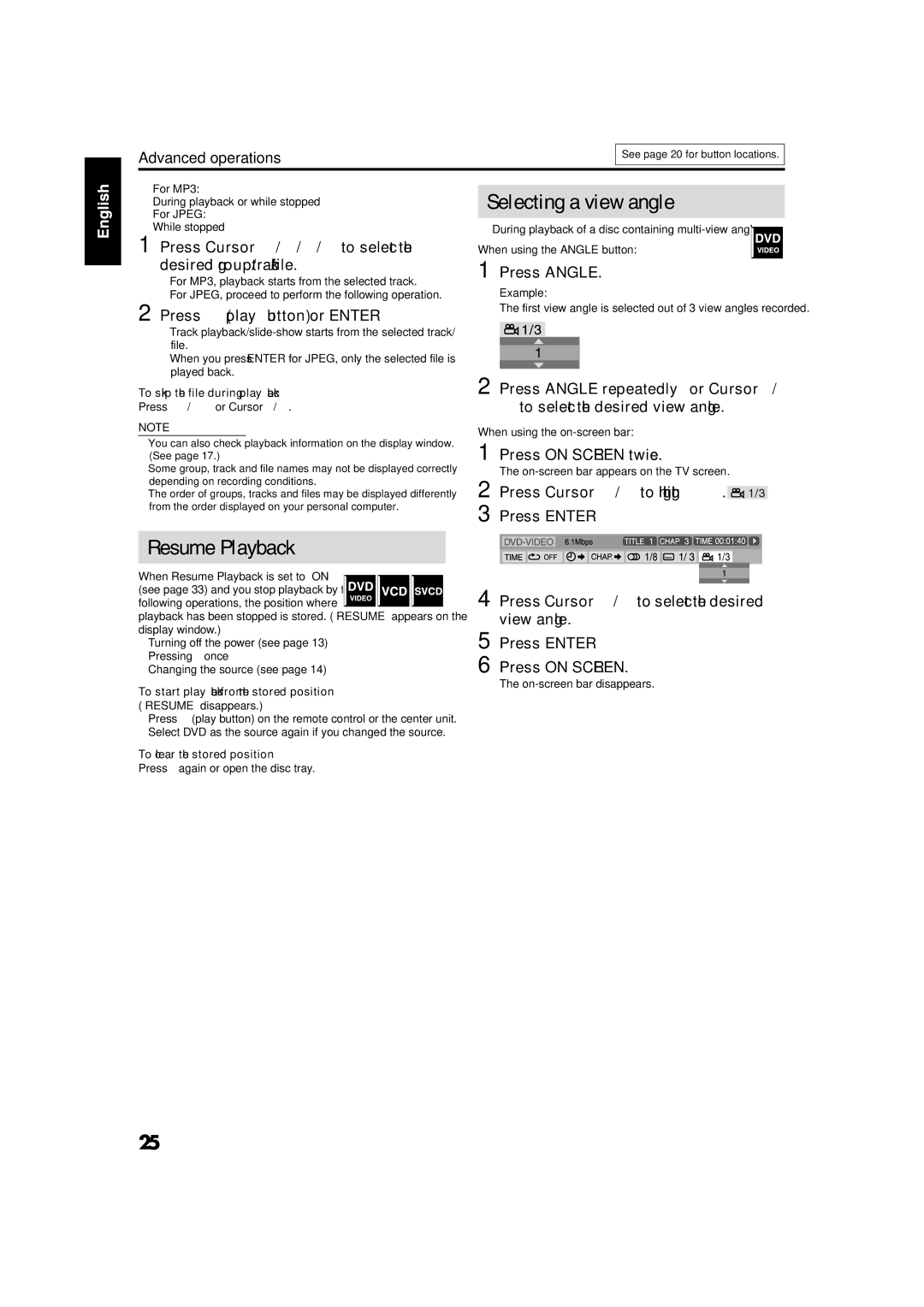 JVC GVT0141-003A Resume Playback, Selecting a view angle, Press Cursor 3/2/Y/5 to select the desired group/track/file 