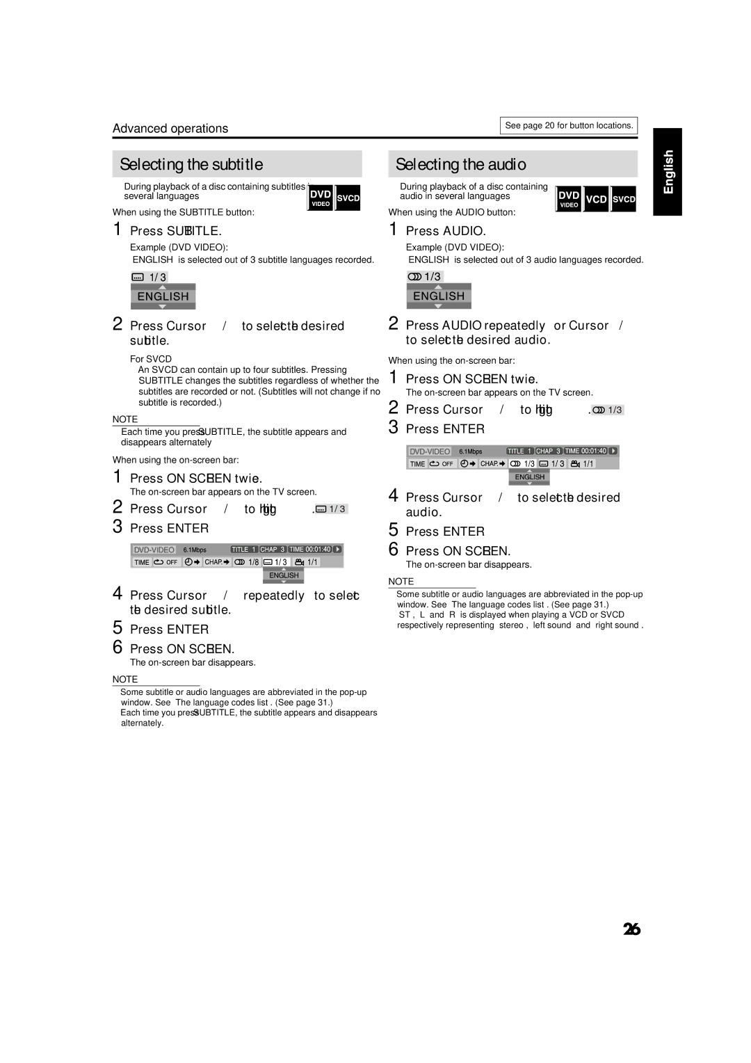 JVC GVT0141-003A manual Selecting the subtitle, Selecting the audio, Press Subtitle 