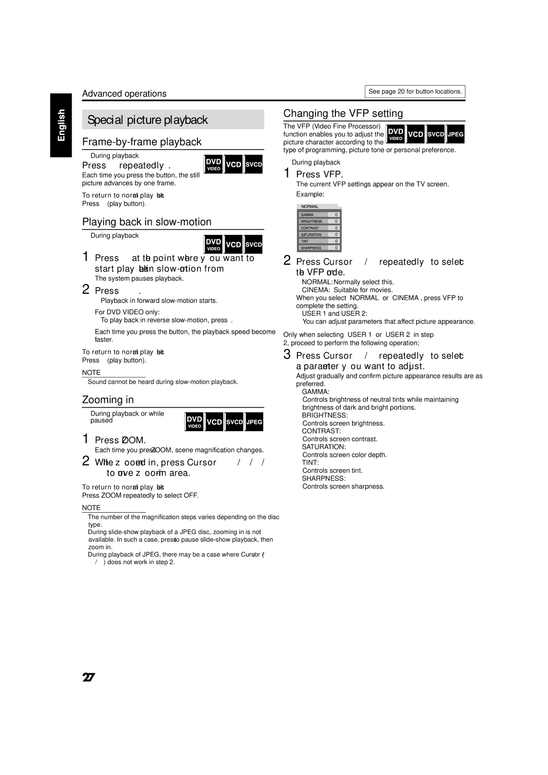 JVC GVT0141-003A manual Special picture playback, Frame-by-frame playback, Playing back in slow-motion, Zooming 