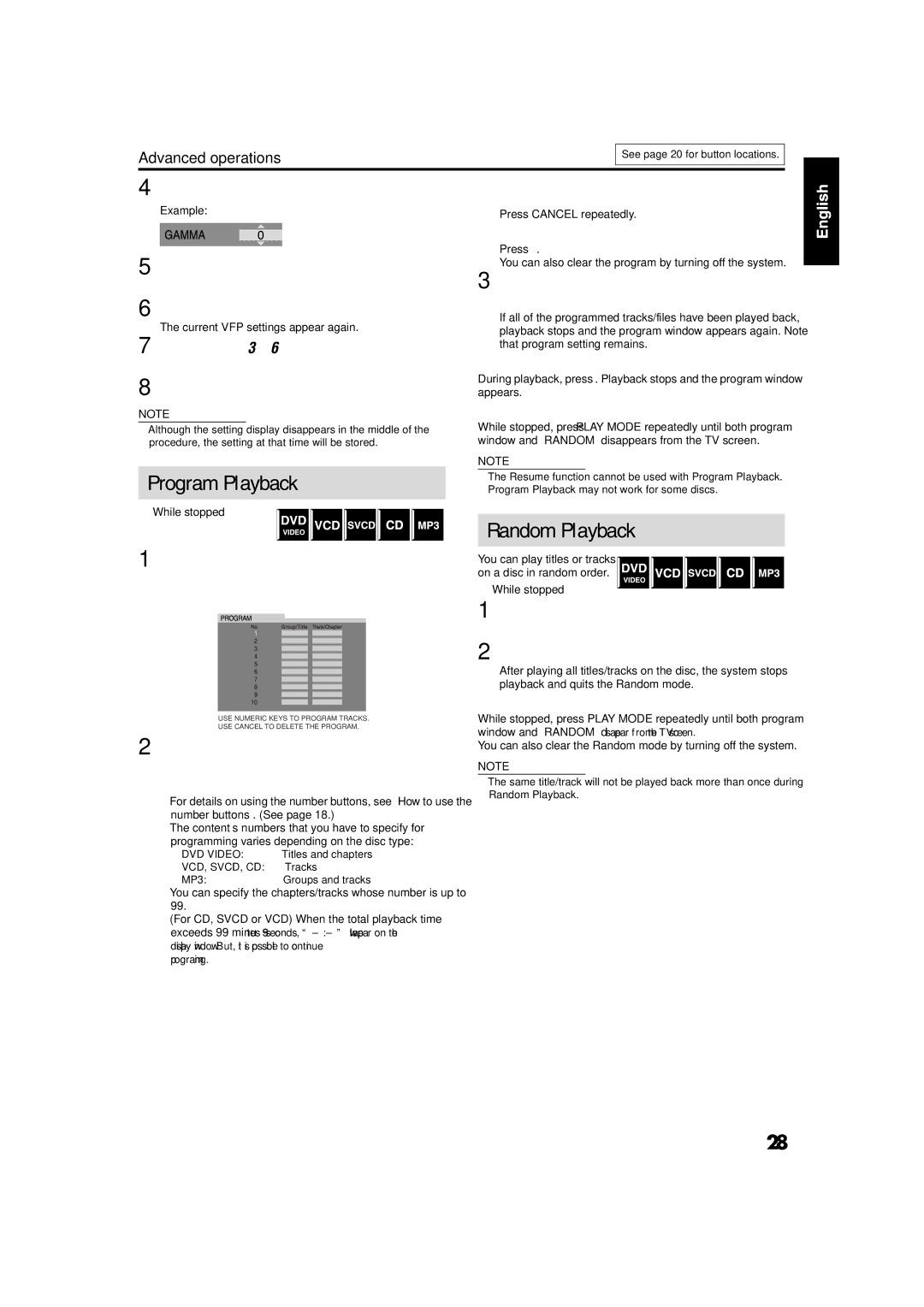 JVC GVT0141-003A manual Program Playback, Random Playback, Press Cursor Y/5 to change the setting Press Enter 