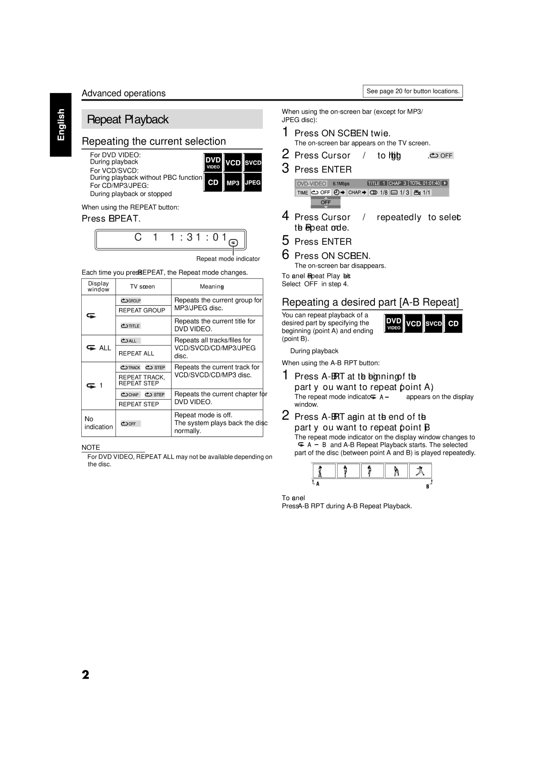 JVC GVT0141-003A manual Repeat Playback, Repeating the current selection, Repeating a desired part A-B Repeat, Press Repeat 