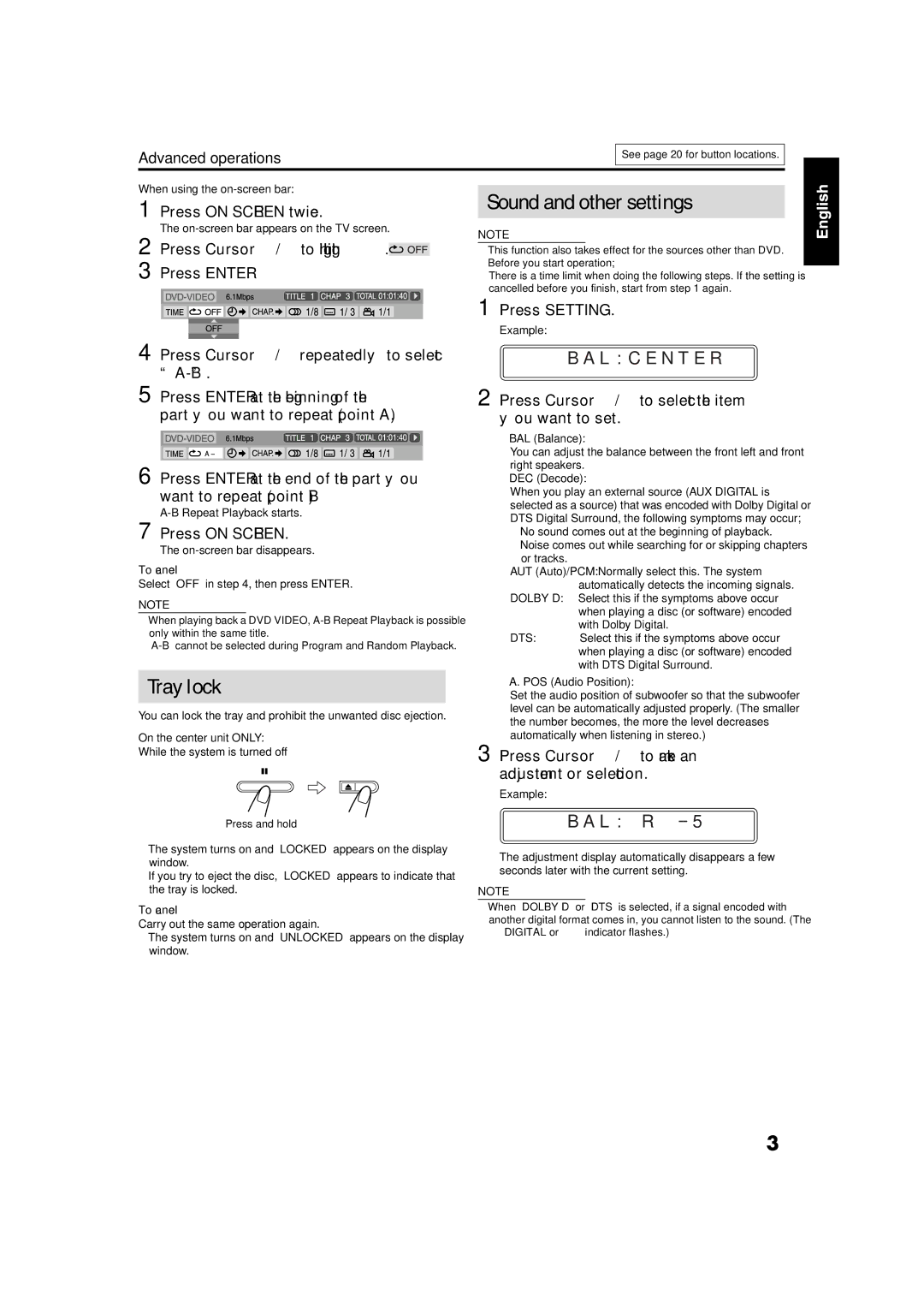 JVC GVT0141-003A Tray lock, Sound and other settings, Press Setting, Press Cursor Y/5 to select the item you want to set 