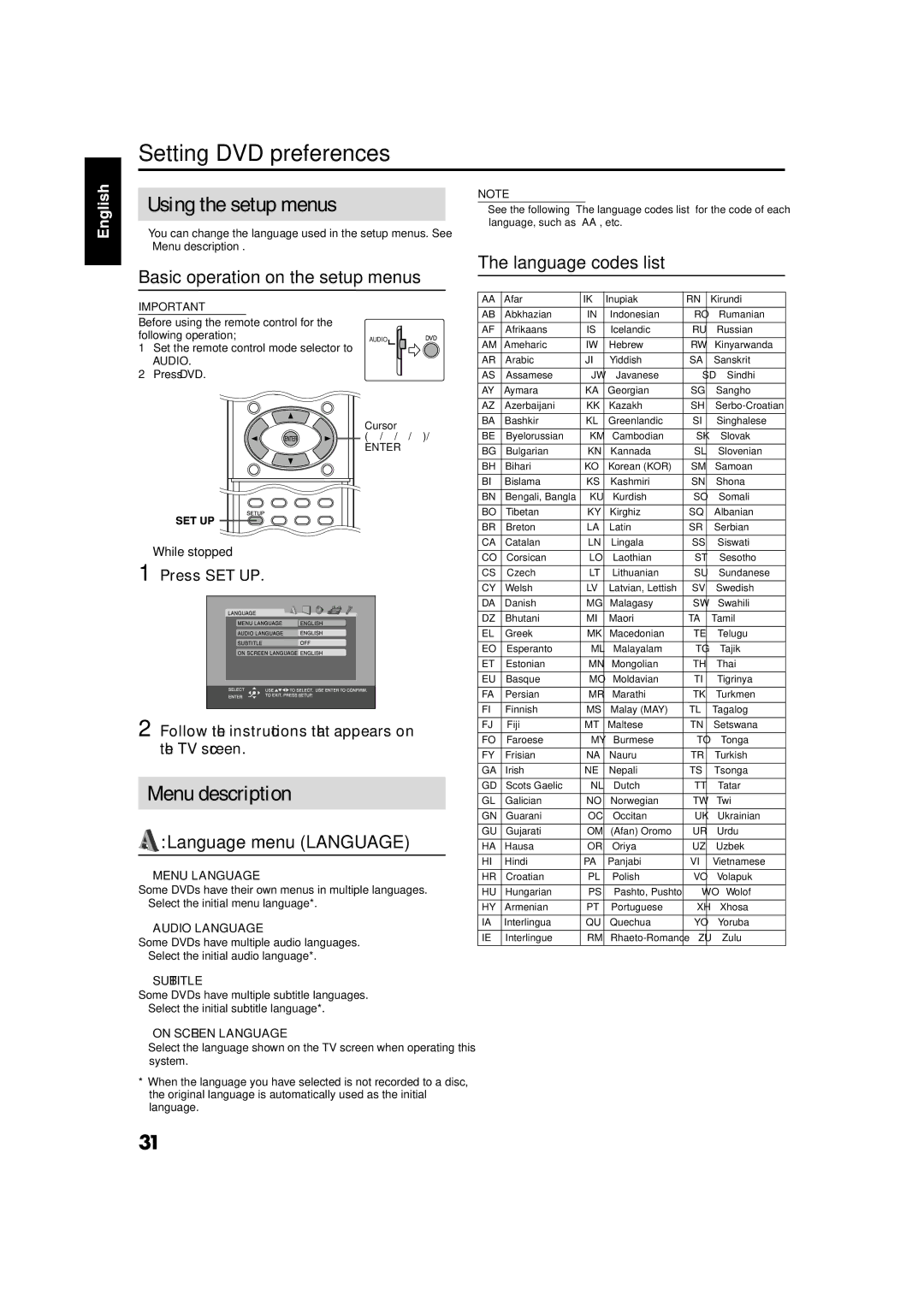 JVC GVT0141-003A manual Setting DVD preferences, Using the setup menus, Menu description 