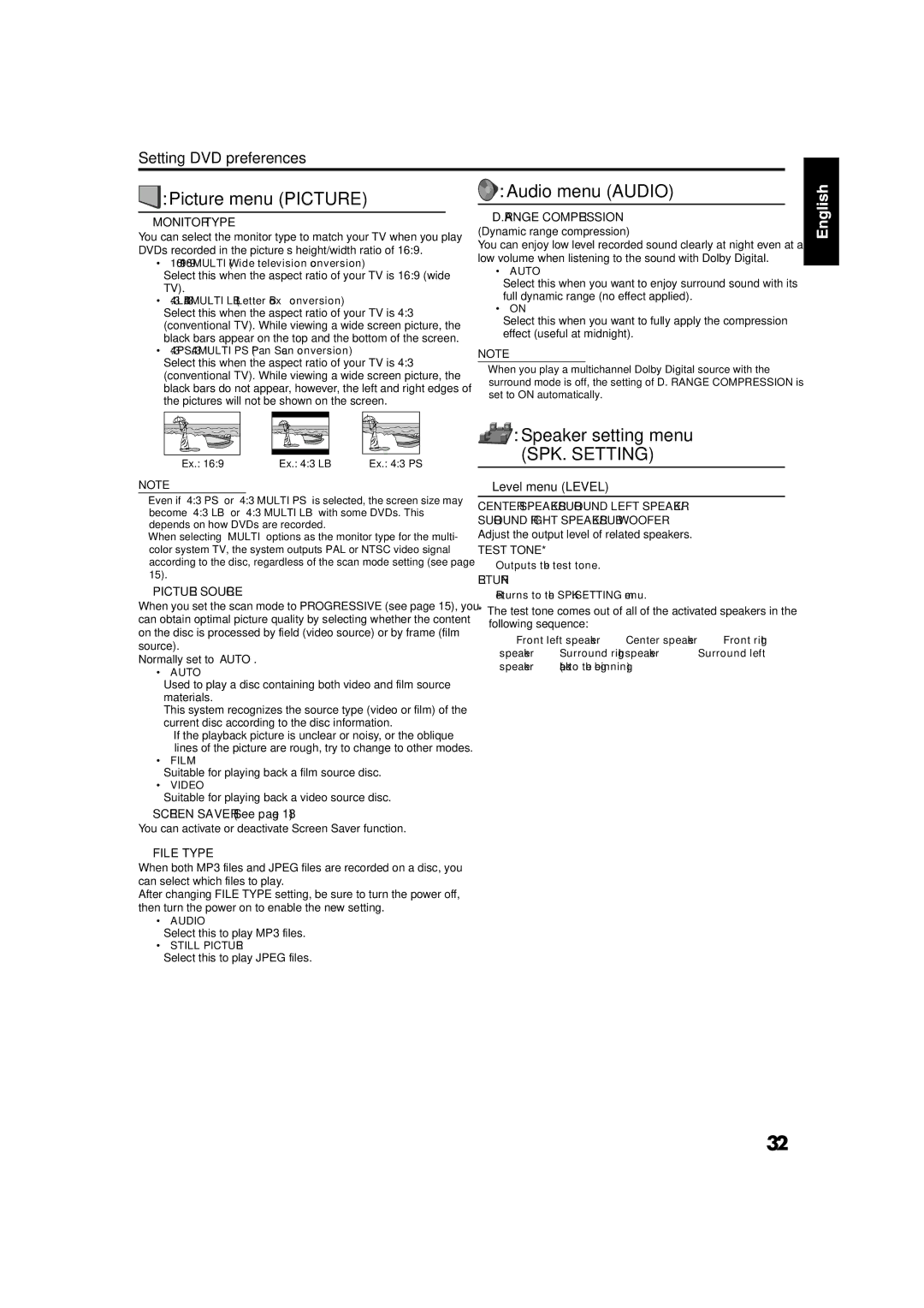 JVC GVT0141-003A manual Picture menu Picture, Audio menu Audio, Speaker setting menu 