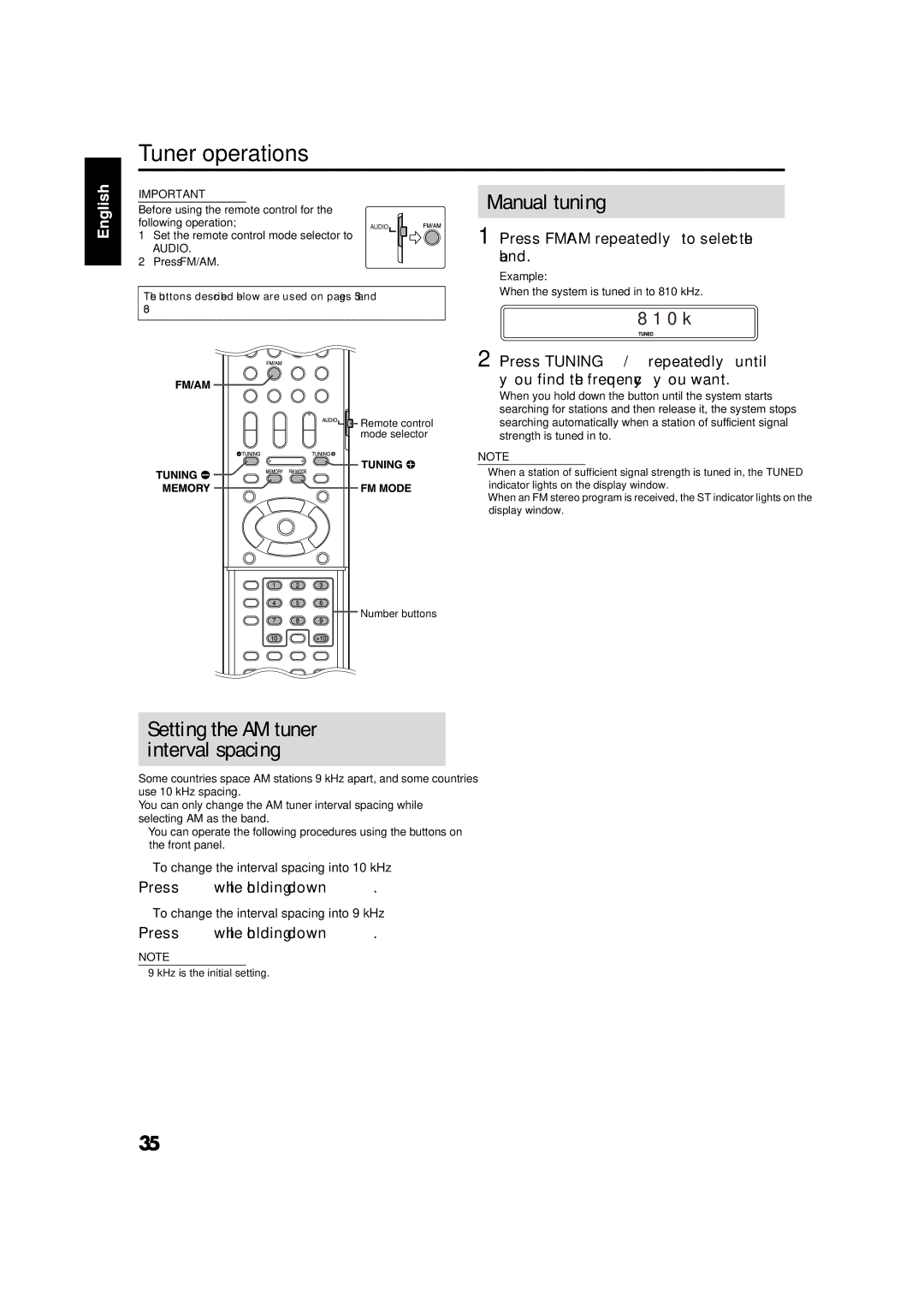 JVC GVT0141-003A manual Tuner operations, Manual tuning, Setting the AM tuner interval spacing 