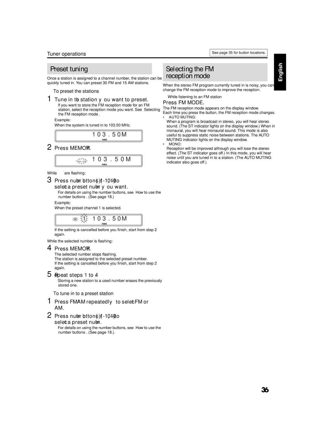 JVC GVT0141-003A manual Preset tuning, Selecting the FM reception mode 