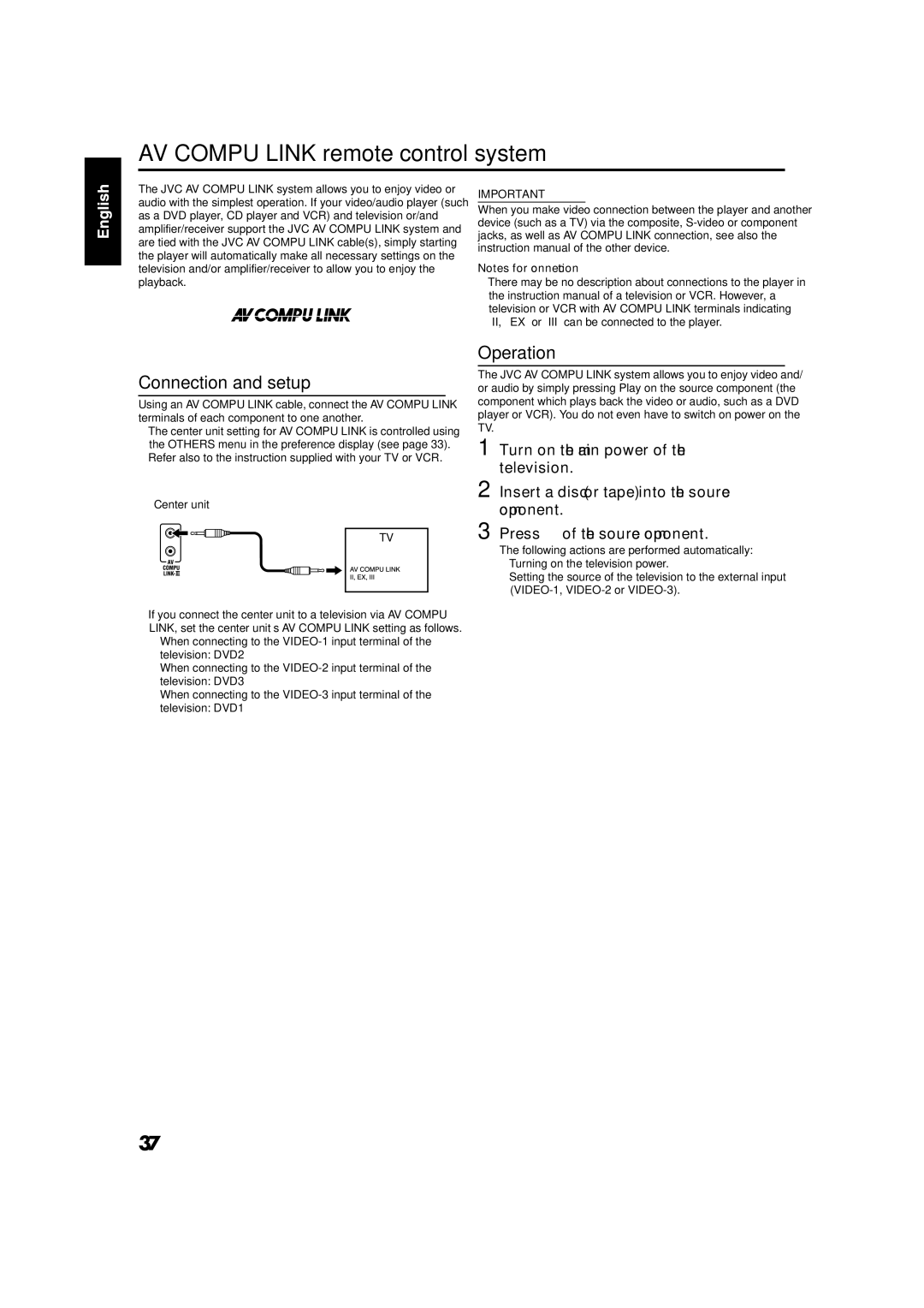 JVC GVT0141-003A manual AV Compu Link remote control system, Connection and setup, Operation 