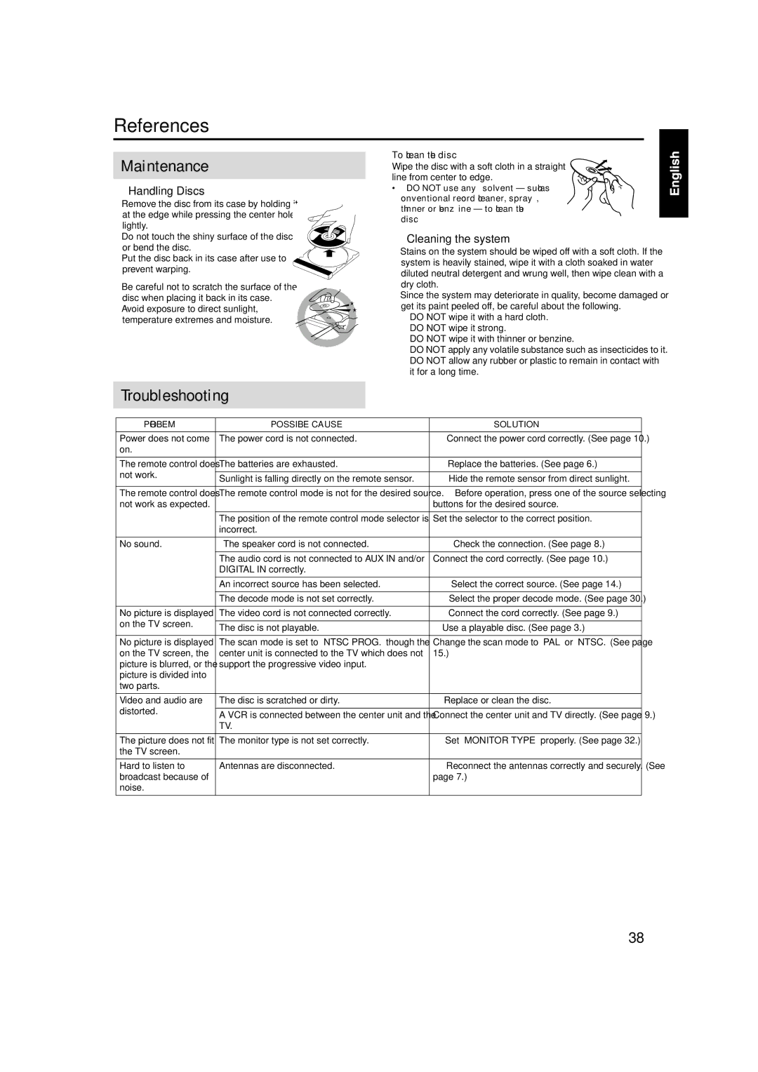 JVC GVT0141-003A manual References, Maintenance, Troubleshooting, Handling Discs, Cleaning the system 