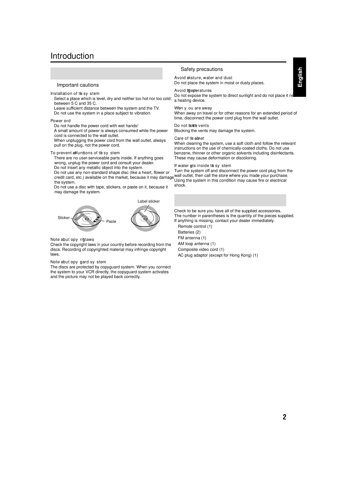 JVC GVT0141-003A manual Introduction, Supplied accessories, Important cautions, Safety precautions 