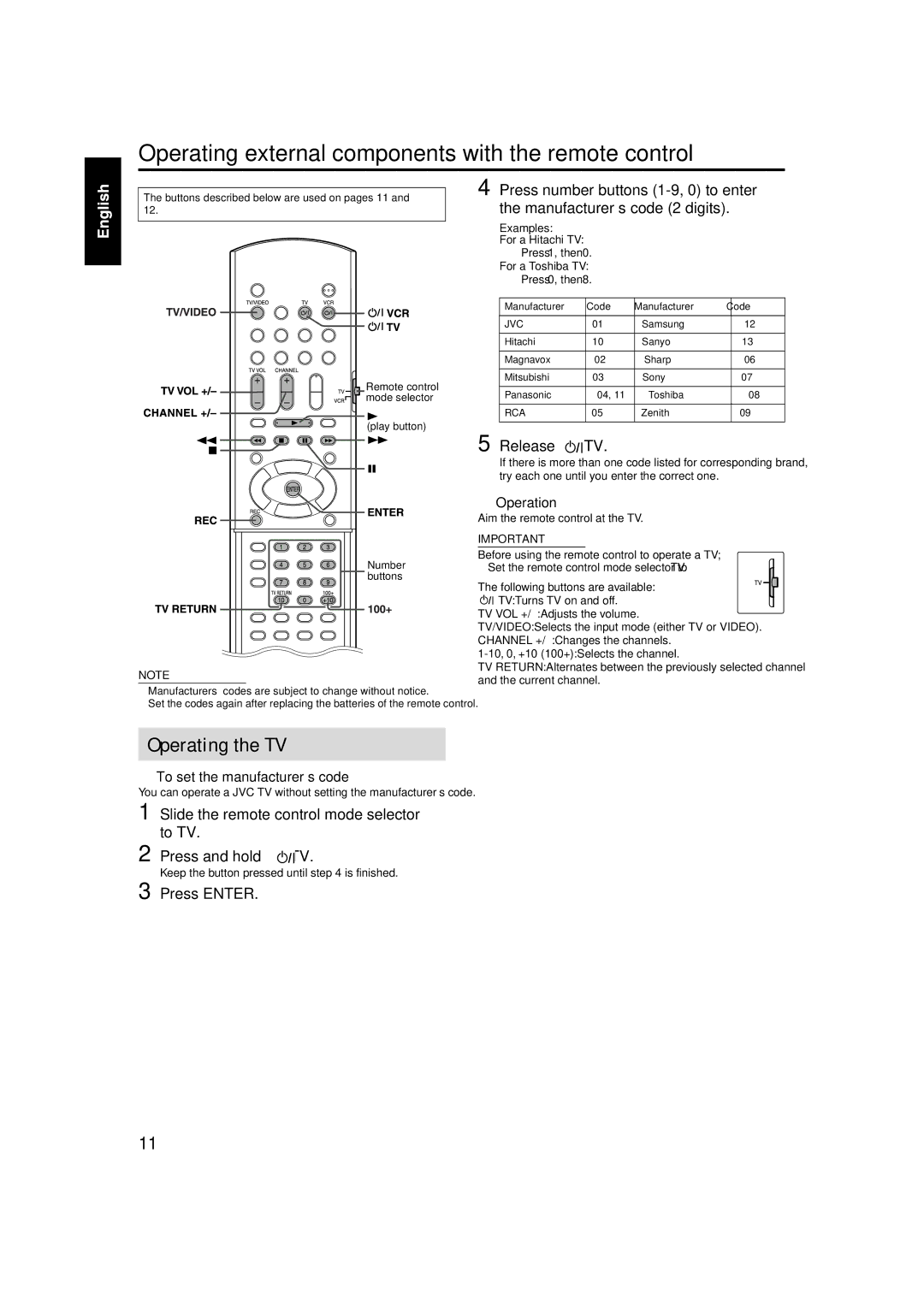 JVC GVT0141-003A manual Operating external components with the remote control 