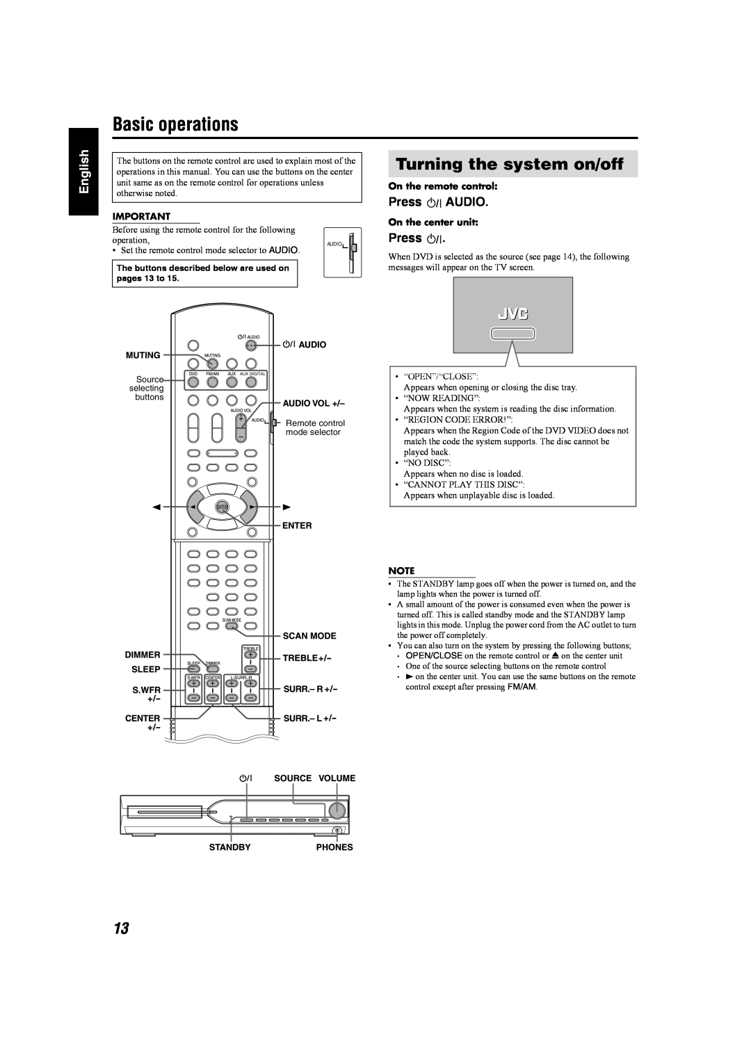 JVC GVT0141-003A manual Basic operations, Turning the system on/off, Press AUDIO, On the remote control, On the center unit 