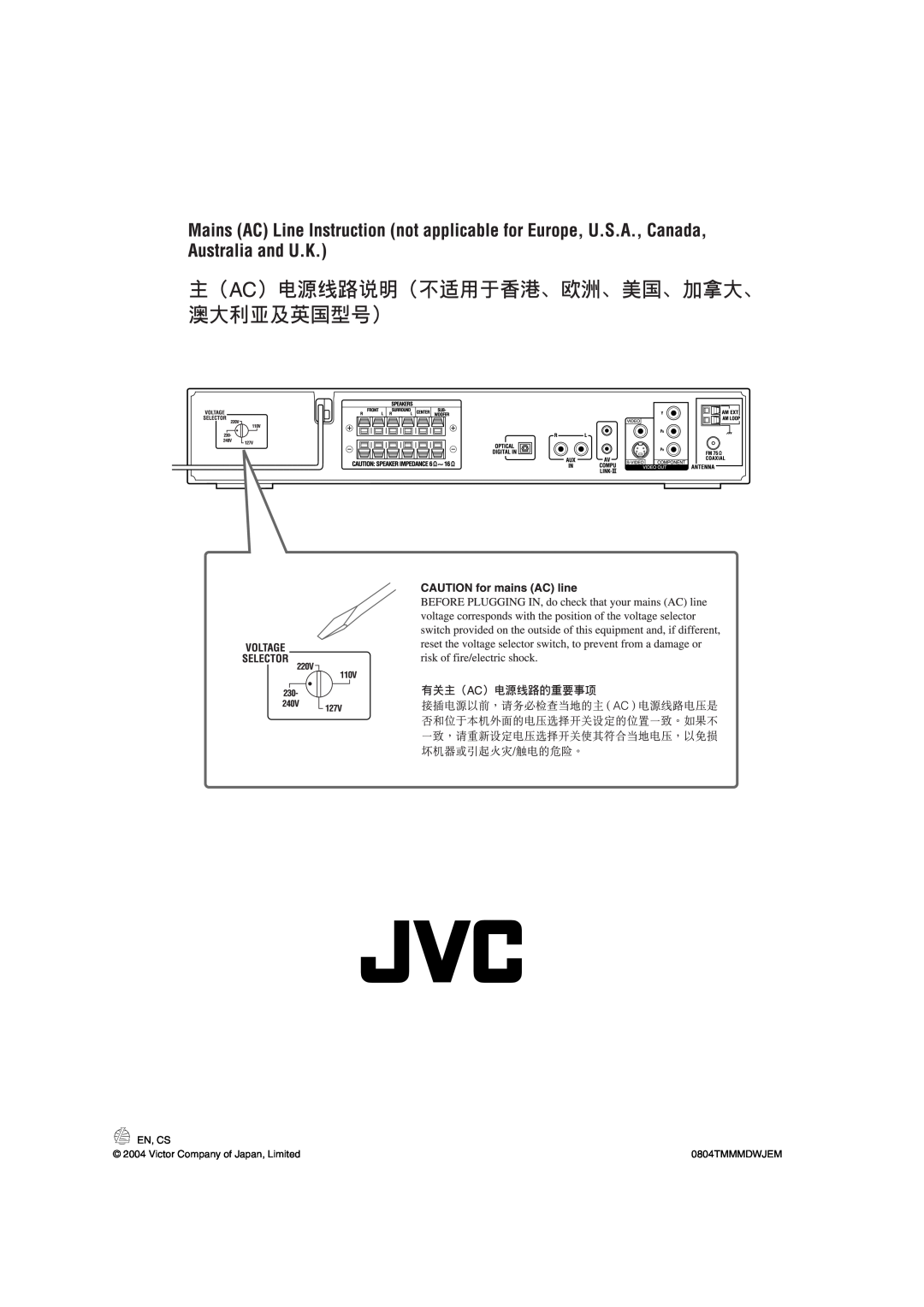 JVC GVT0141-003A manual En, Cs, Victor Company of Japan, Limited, 0804TMMMDWJEM 