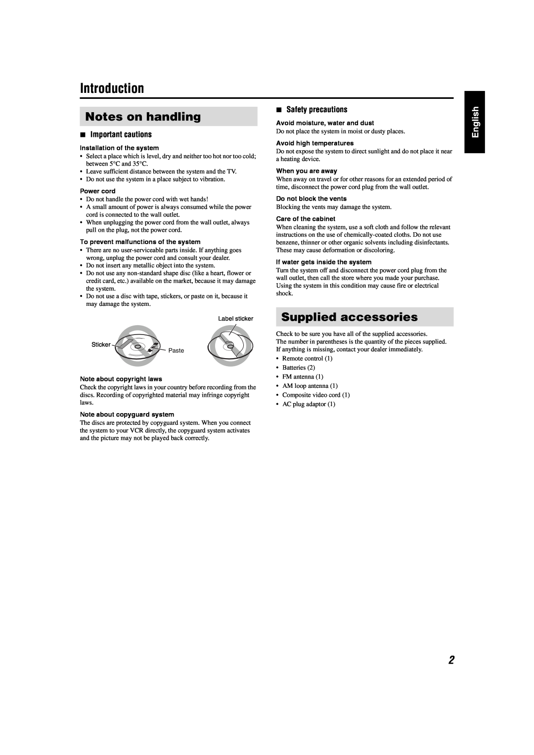 JVC GVT0141-003A manual Introduction, Notes on handling, Supplied accessories, 7Important cautions, 7Safety precautions 