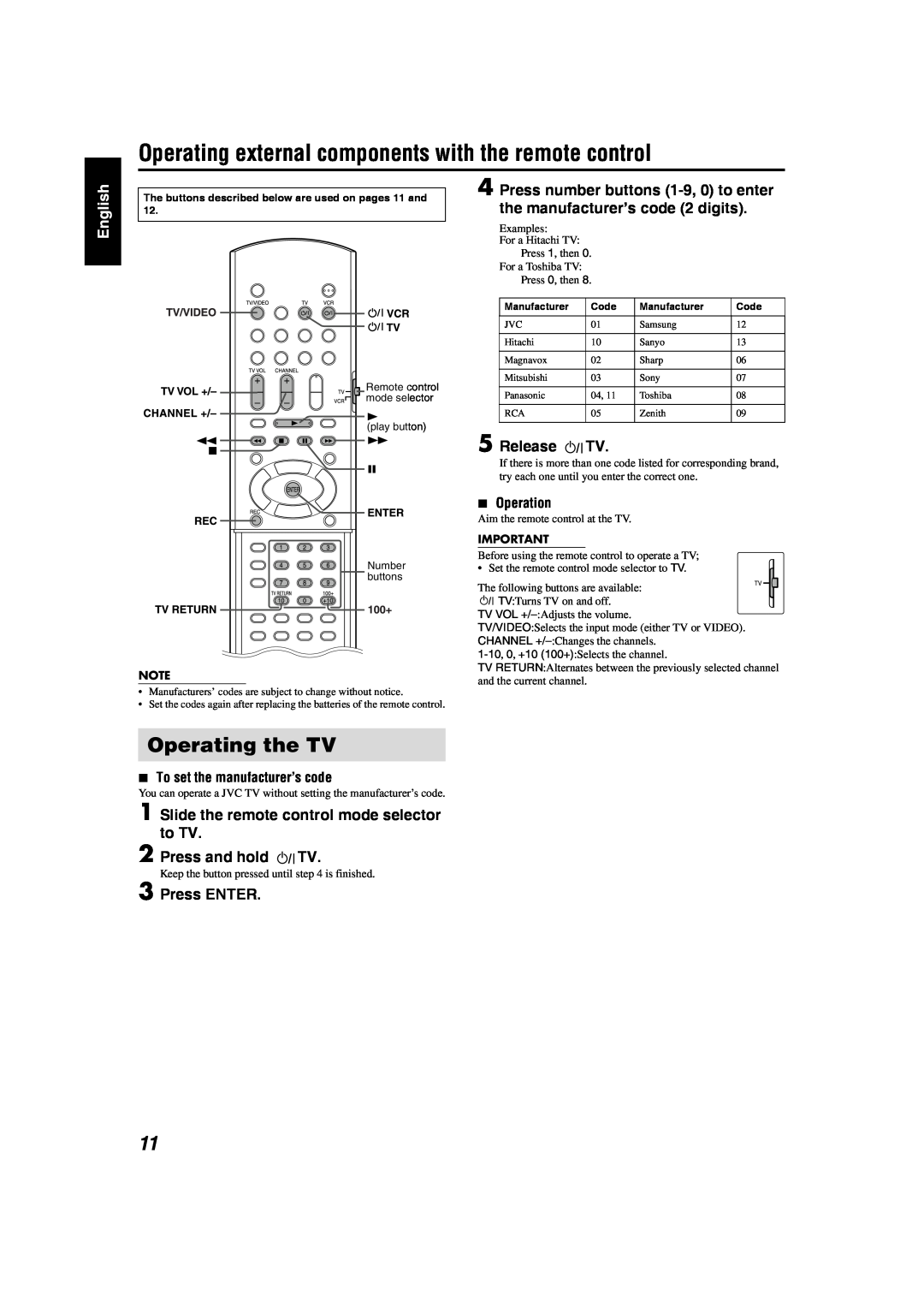 JVC GVT0141-003A manual Operating the TV, Slide the remote control mode selector to TV, Press and hold TV, Press ENTER 