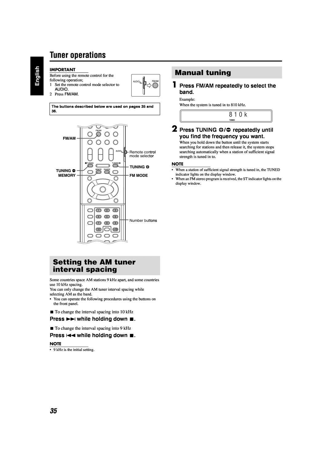 JVC GVT0141-003A manual Tuner operations, Manual tuning, Setting the AM tuner interval spacing, 8 1 0 k 