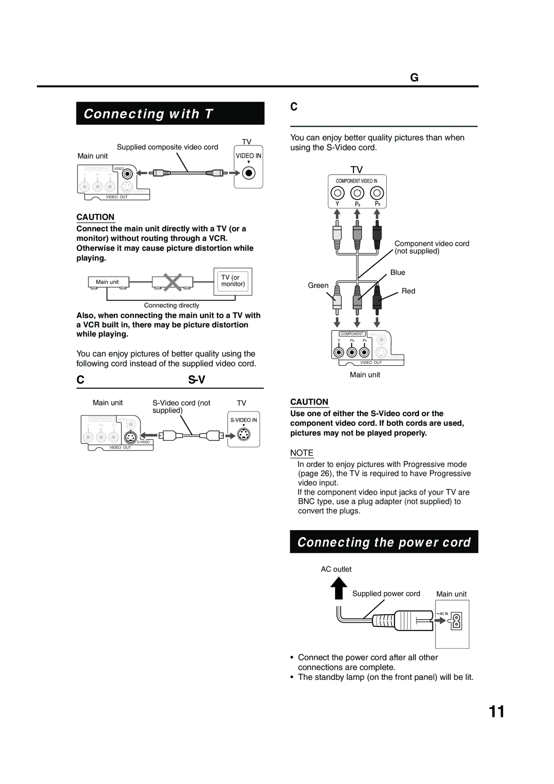 JVC GVT0142-001A manual Connecting with TV, Connecting the power cord, Connecting by using the component video cord 