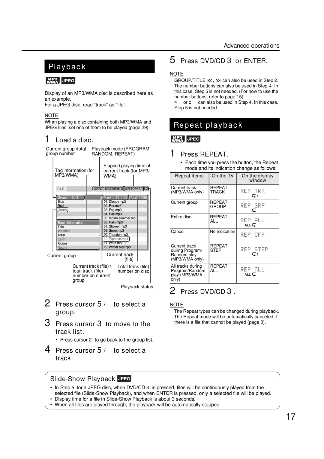 JVC GVT0142-001A manual Repeat playback, Load a disc, Press DVD/CD 3 or Enter, Press Repeat 