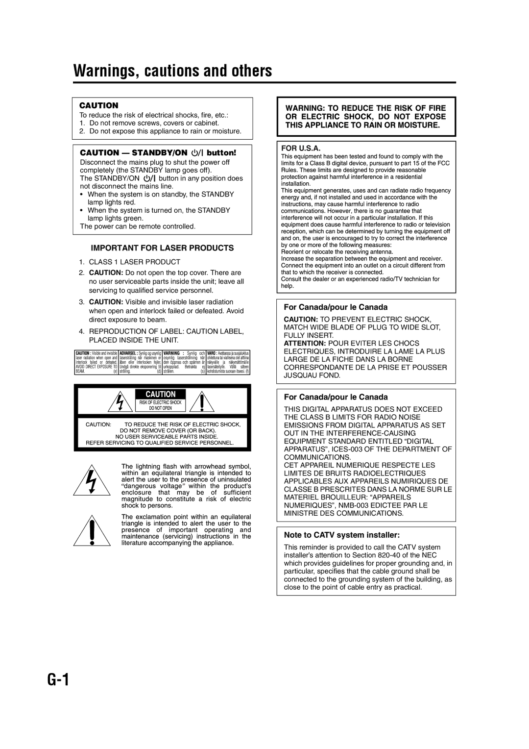 JVC GVT0142-001A manual Important for Laser Products, For Canada/pour le Canada 