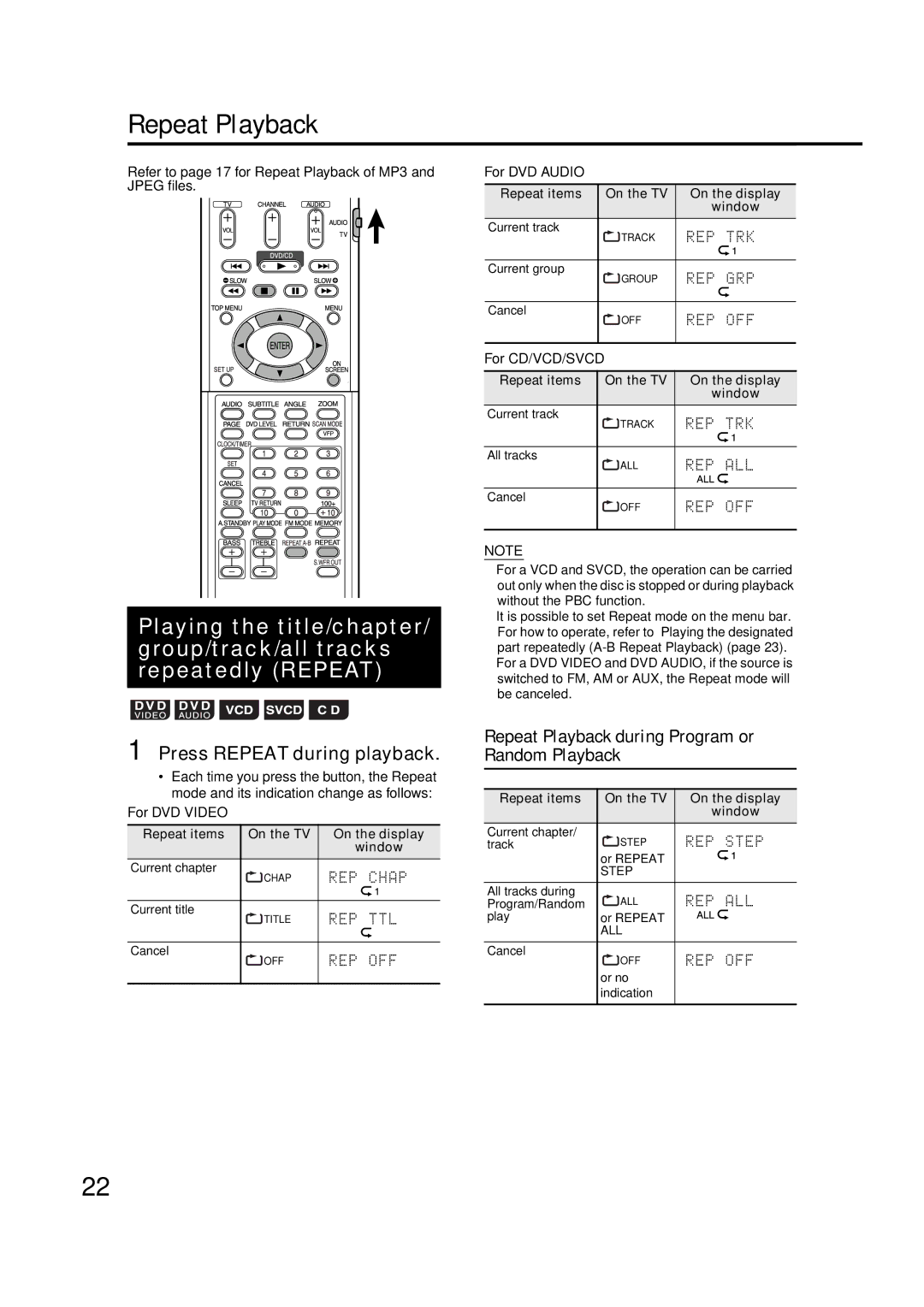 JVC GVT0142-001A manual Press Repeat during playback, Repeat Playback during Program or Random Playback 