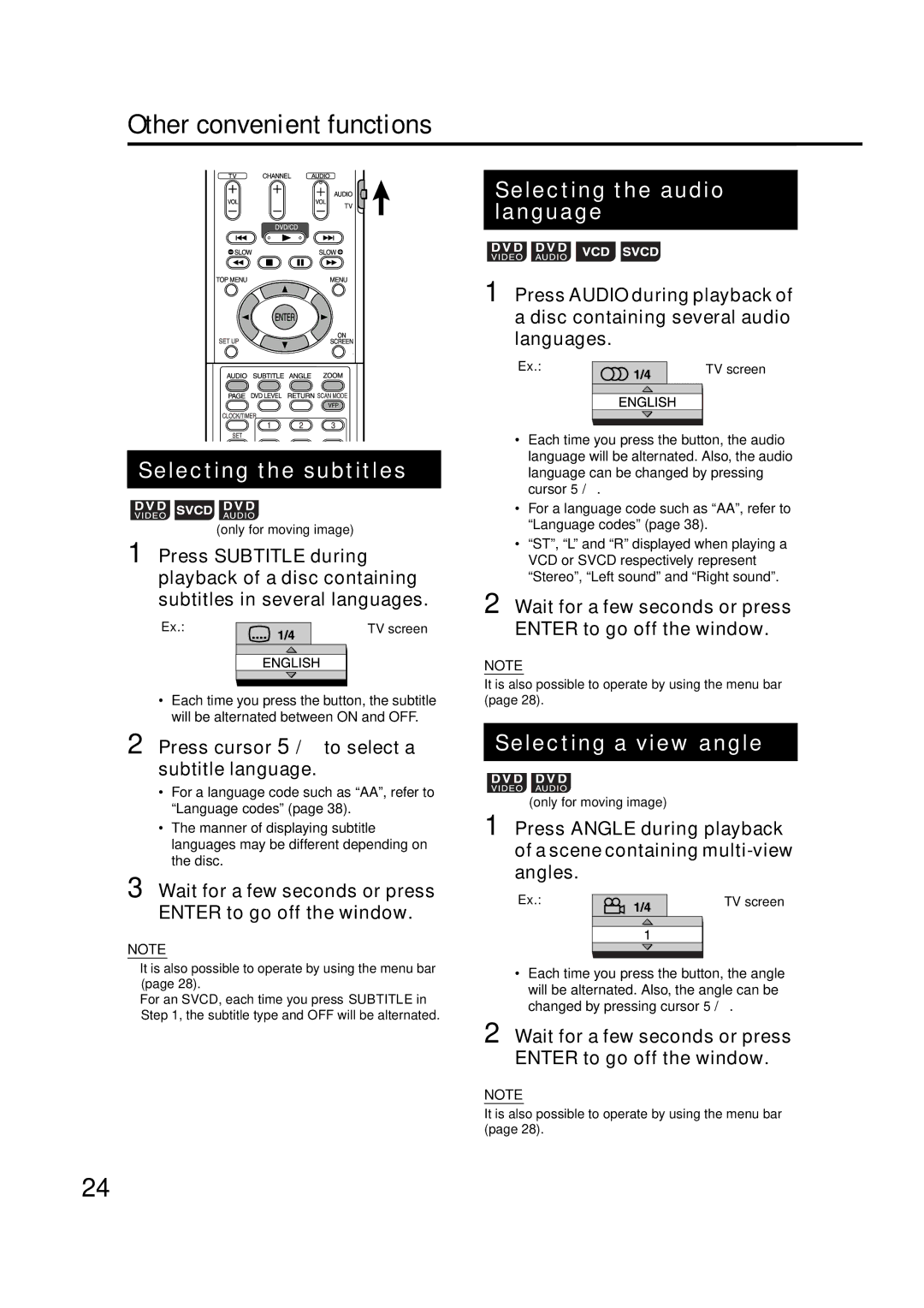 JVC GVT0142-001A Other convenient functions, Selecting the subtitles, Selecting the audio language, Selecting a view angle 