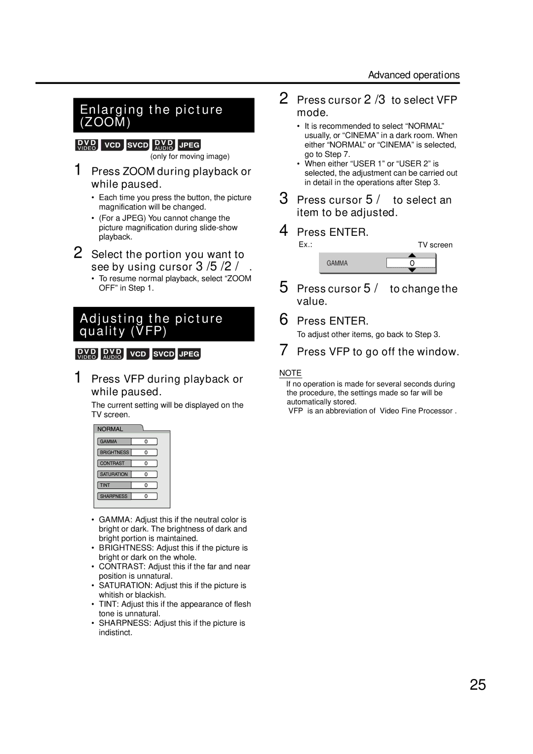 JVC GVT0142-001A manual Enlarging the picture Zoom, Adjusting the picture quality VFP 