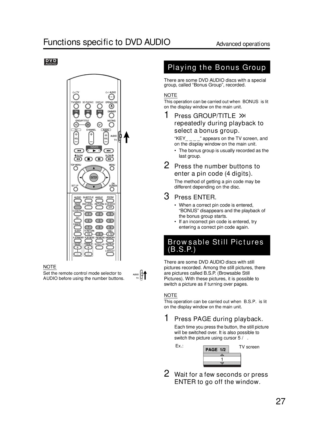 JVC GVT0142-001A manual Functions specific to DVD Audio, Playing the Bonus Group, Browsable Still Pictures B.S.P 