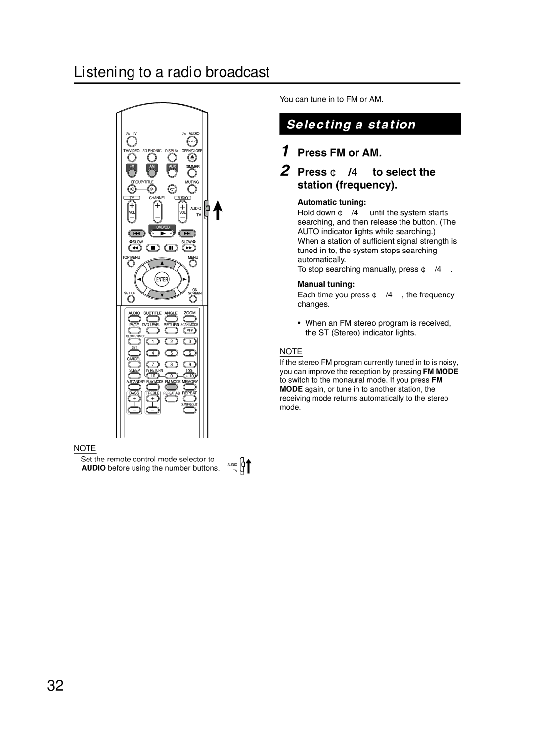 JVC GVT0142-001A manual Listening to a radio broadcast, Selecting a station, Automatic tuning, Manual tuning 