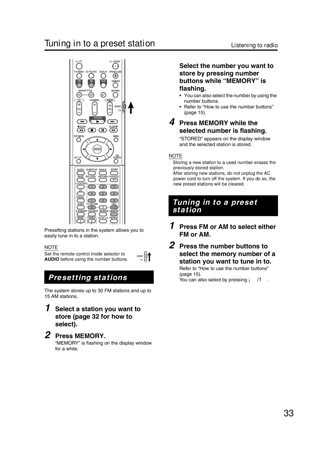 JVC GVT0142-001A Tuning in to a preset station, Presetting stations, Press Memory while the selected number is flashing 