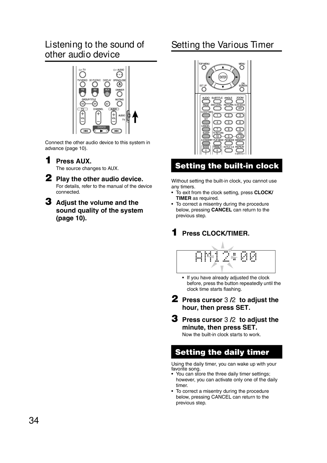 JVC GVT0142-001A manual Setting the Various Timer, Setting the built-in clock, Setting the daily timer 