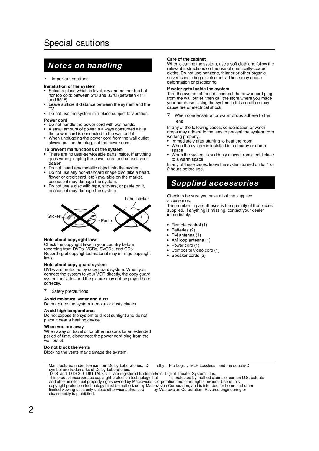 JVC GVT0142-001A manual Special cautions, Supplied accessories, Important cautions, Safety precautions 