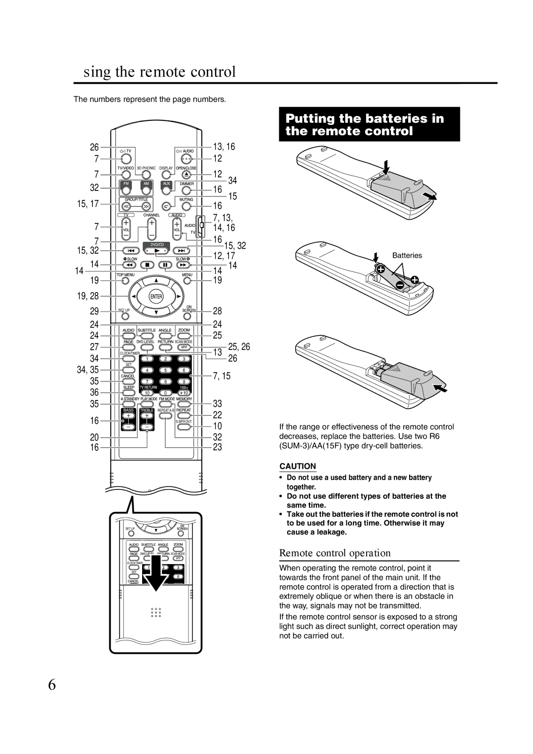 JVC GVT0142-001A manual Using the remote control, Putting the batteries in the remote control, Remote control operation 