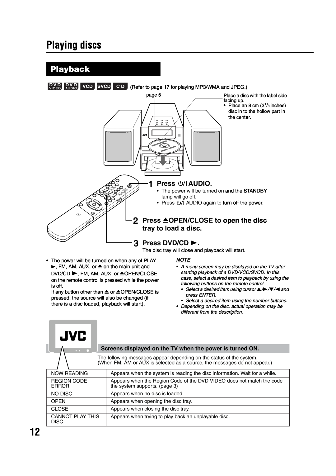 JVC GVT0142-001A Playing discs, Playback, Audio, Press 0OPEN/CLOSE to open the disc, tray to load a disc, Press DVD/CD 