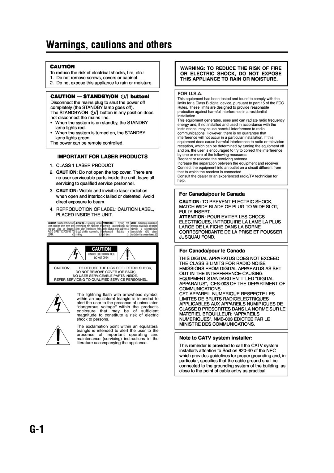 JVC GVT0142-001A manual Warnings, cautions and others, CAUTION — STANDBY/ON button, Important For Laser Products 
