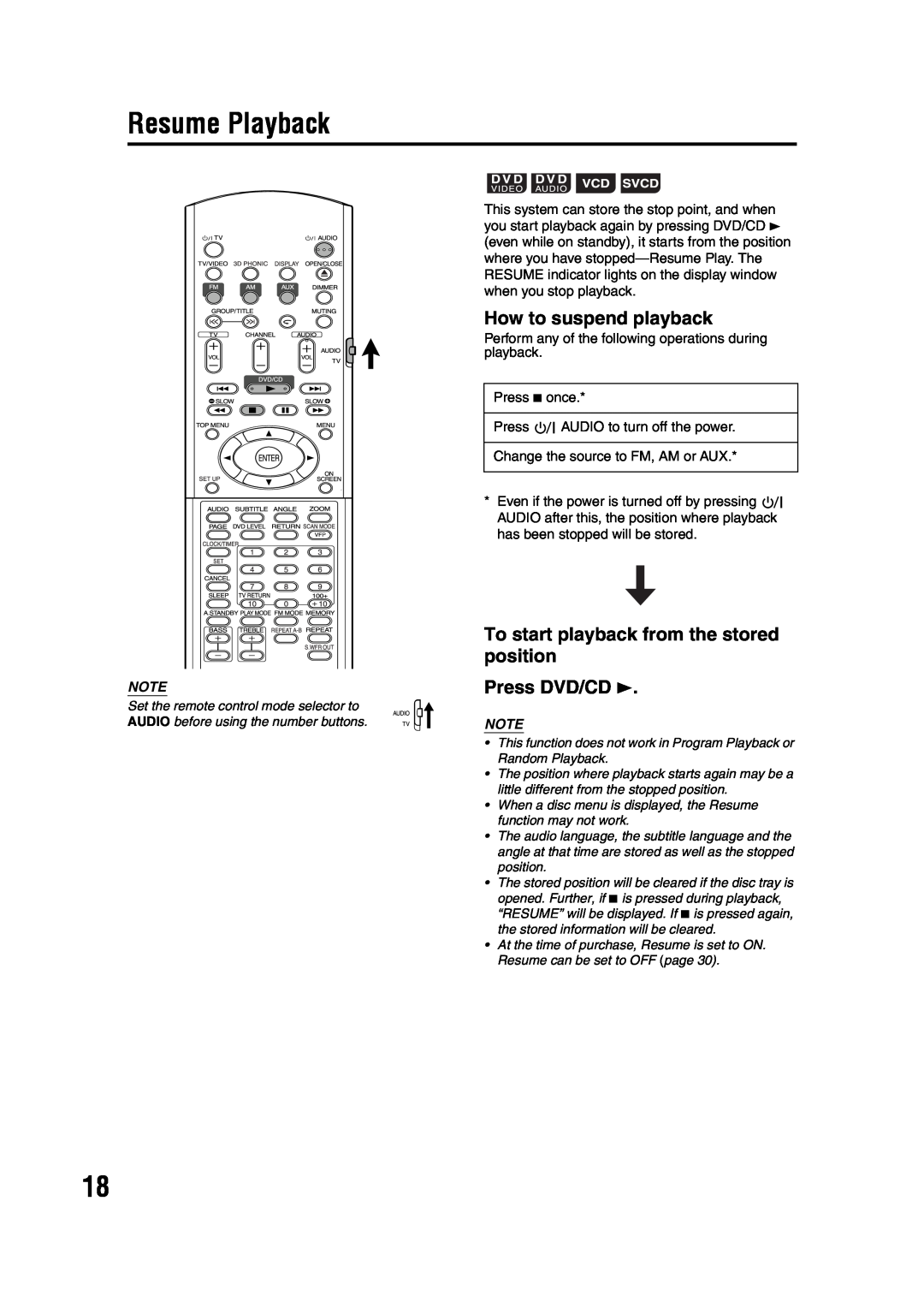 JVC GVT0142-001A manual Resume Playback, How to suspend playback, To start playback from the stored position, Press DVD/CD 
