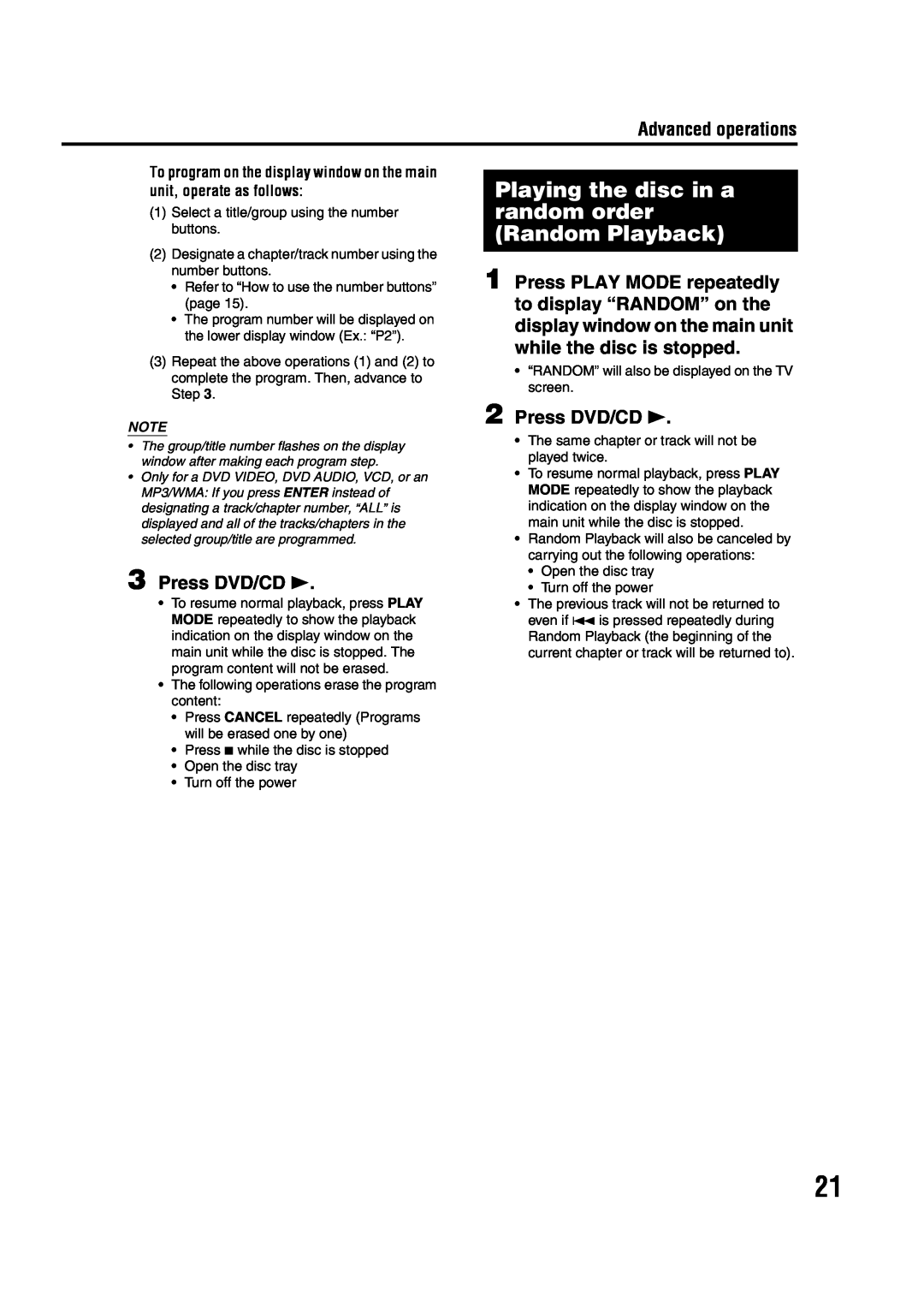 JVC GVT0142-001A manual Press DVD/CD, Advanced operations 