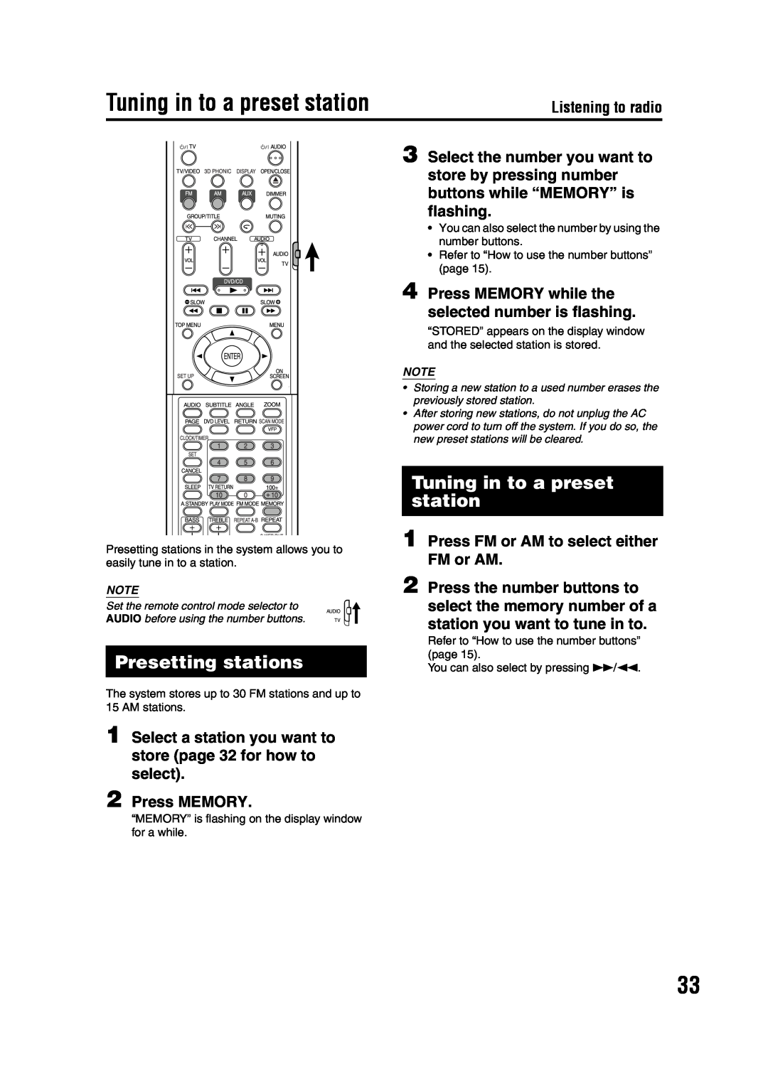 JVC GVT0142-001A manual Tuning in to a preset station, Presetting stations, Press MEMORY, Listening to radio 